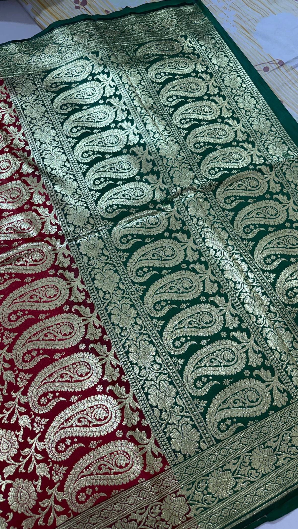 Maroon Green Banarasi Silk Saree, Gold Zari Floral Paisley Wedding Saree