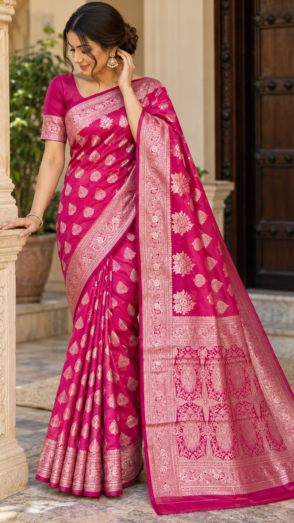 Emerald Green Banarasi Silk Saree, Rose Gold Zari Woven Border, Indian Wedding Festive Wear (Copy 9)