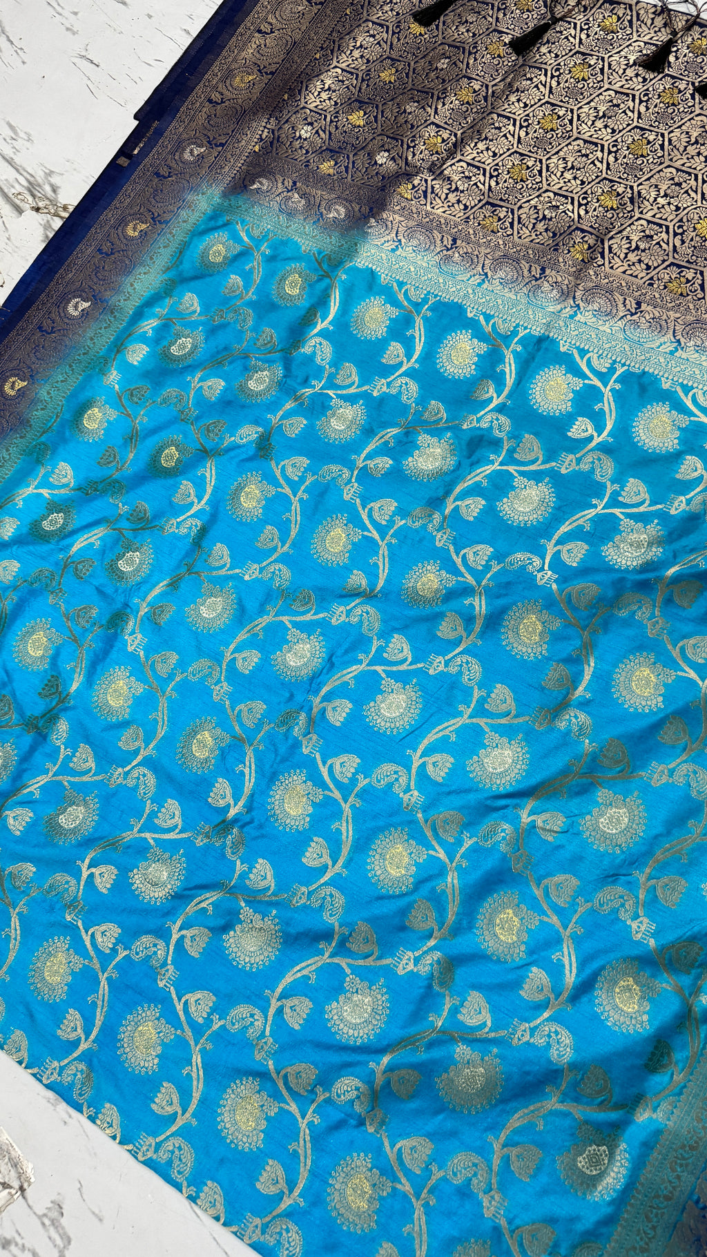 Sky Blue Dola Silk Saree, Banarasi Zari Woven Floral, Festive Indian Wedding Wear