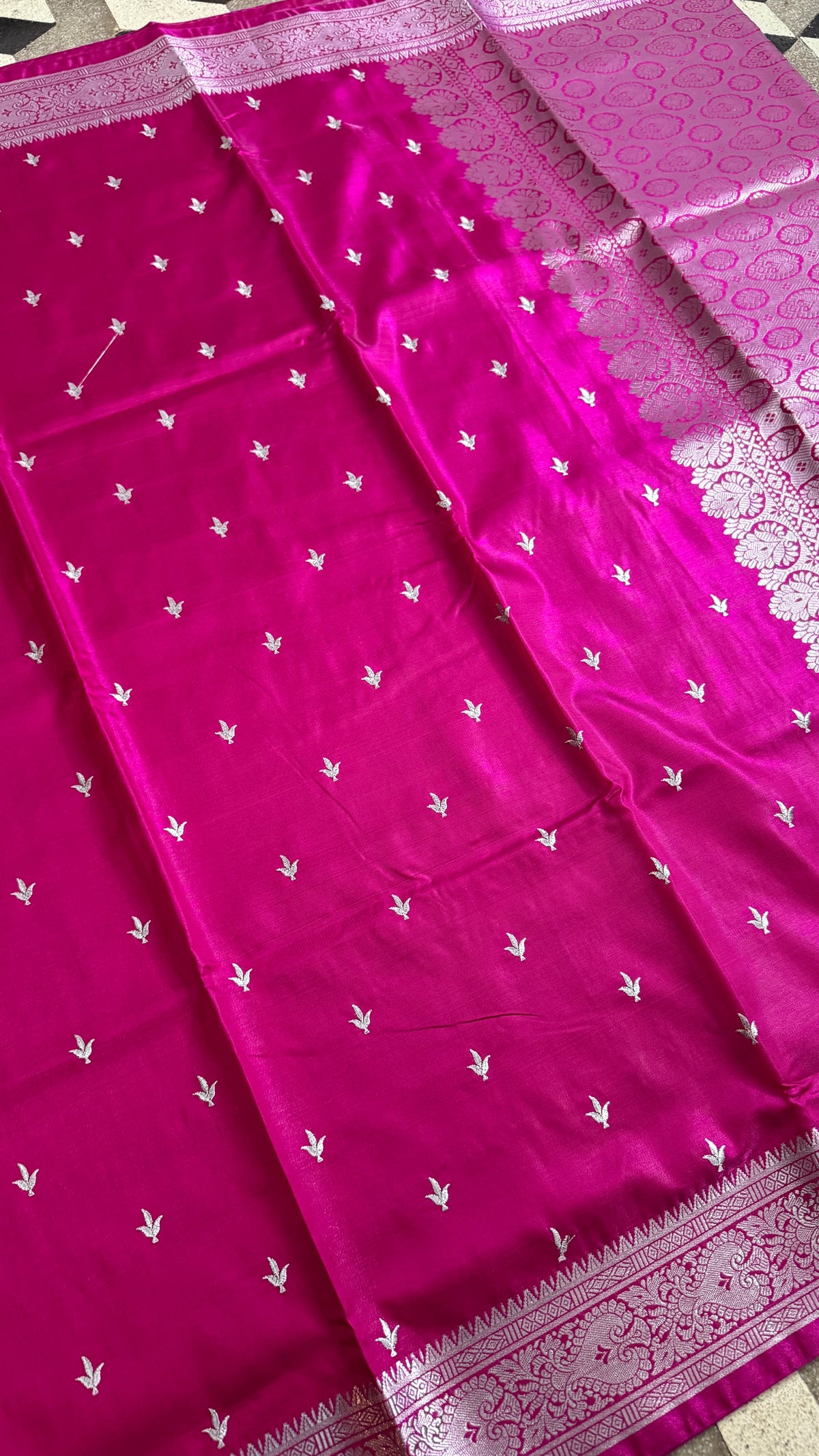 Rani Pink Satin Silk Saree, Silver Zari Border, Floral Motifs, Wedding Wear