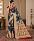 Royal Blue Red Banarasi Silk Saree, Gold Zari Floral Paisley (Wedding)