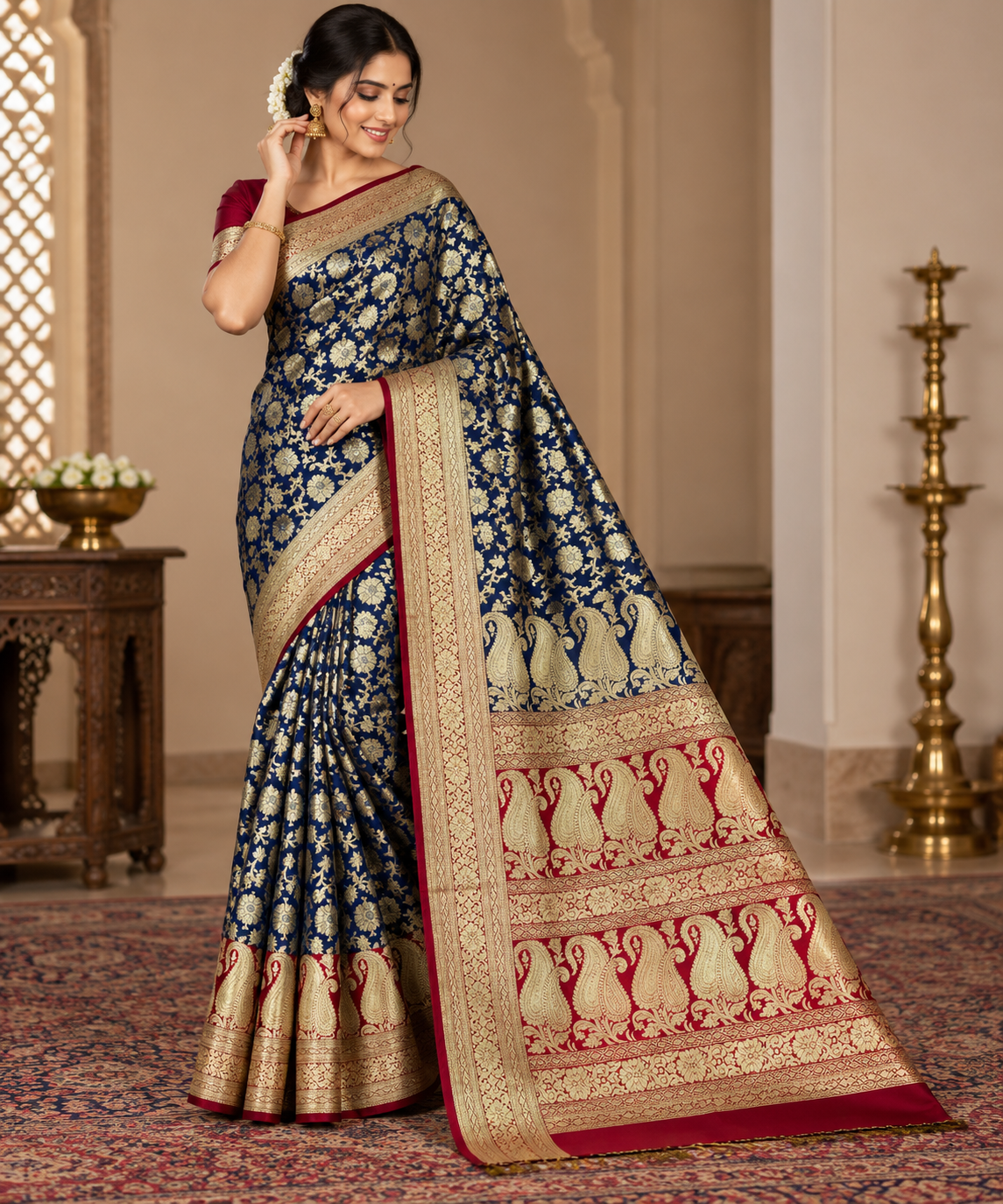 Royal Blue Red Banarasi Silk Saree, Gold Zari Floral Paisley (Wedding)