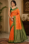 Orange Dola Silk Saree, Banarasi Zari Woven Floral Motifs, Festive Wedding Wear