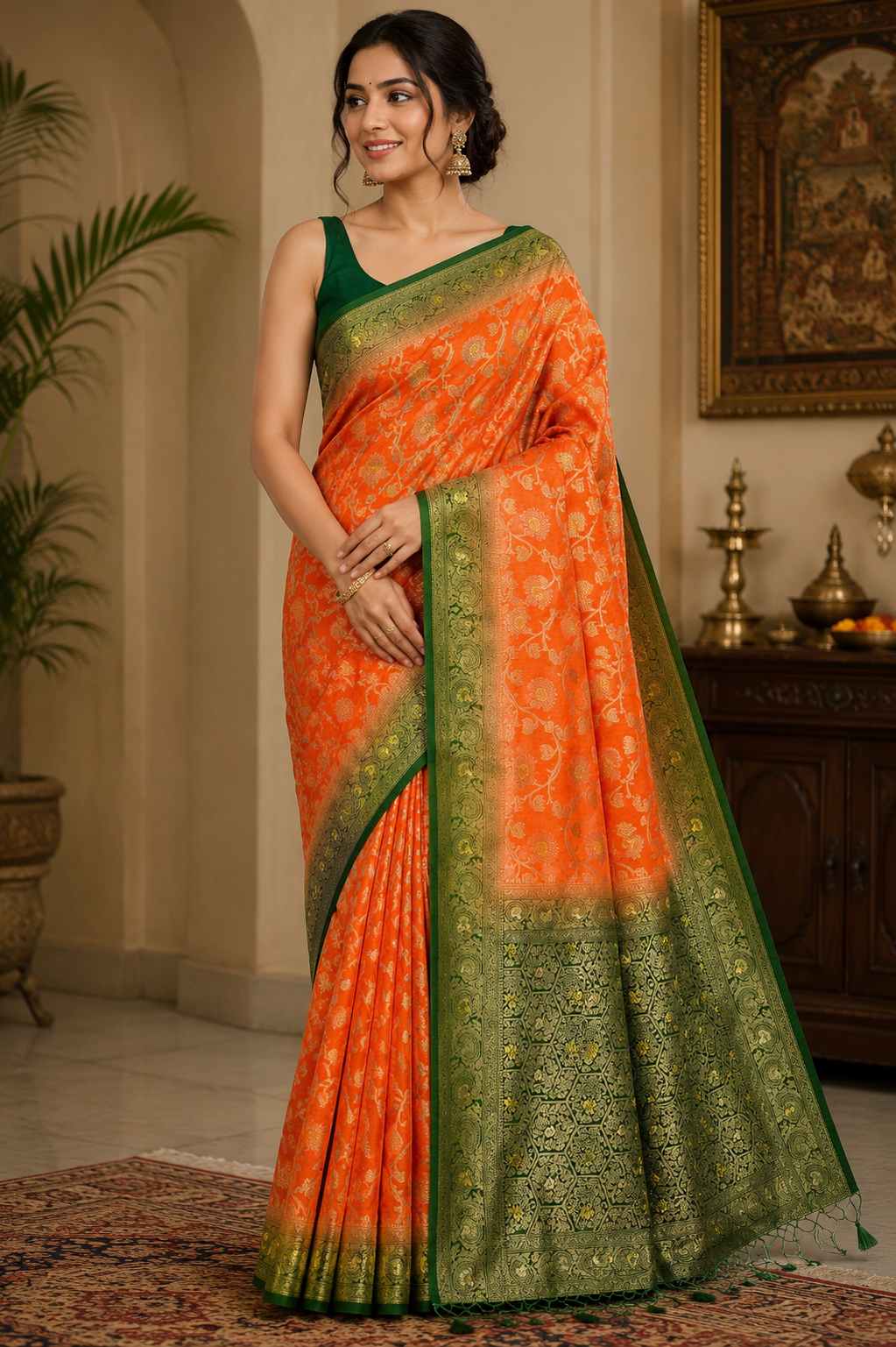 Orange Dola Silk Saree, Banarasi Zari Woven Floral Motifs, Festive Wedding Wear