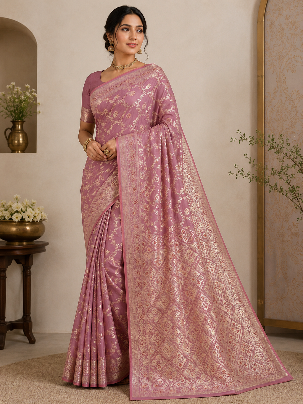 Pure Katan Banarasi Silk Saree, Dusty Pink Silver Zari Handwoven Bridal Wedding Saree