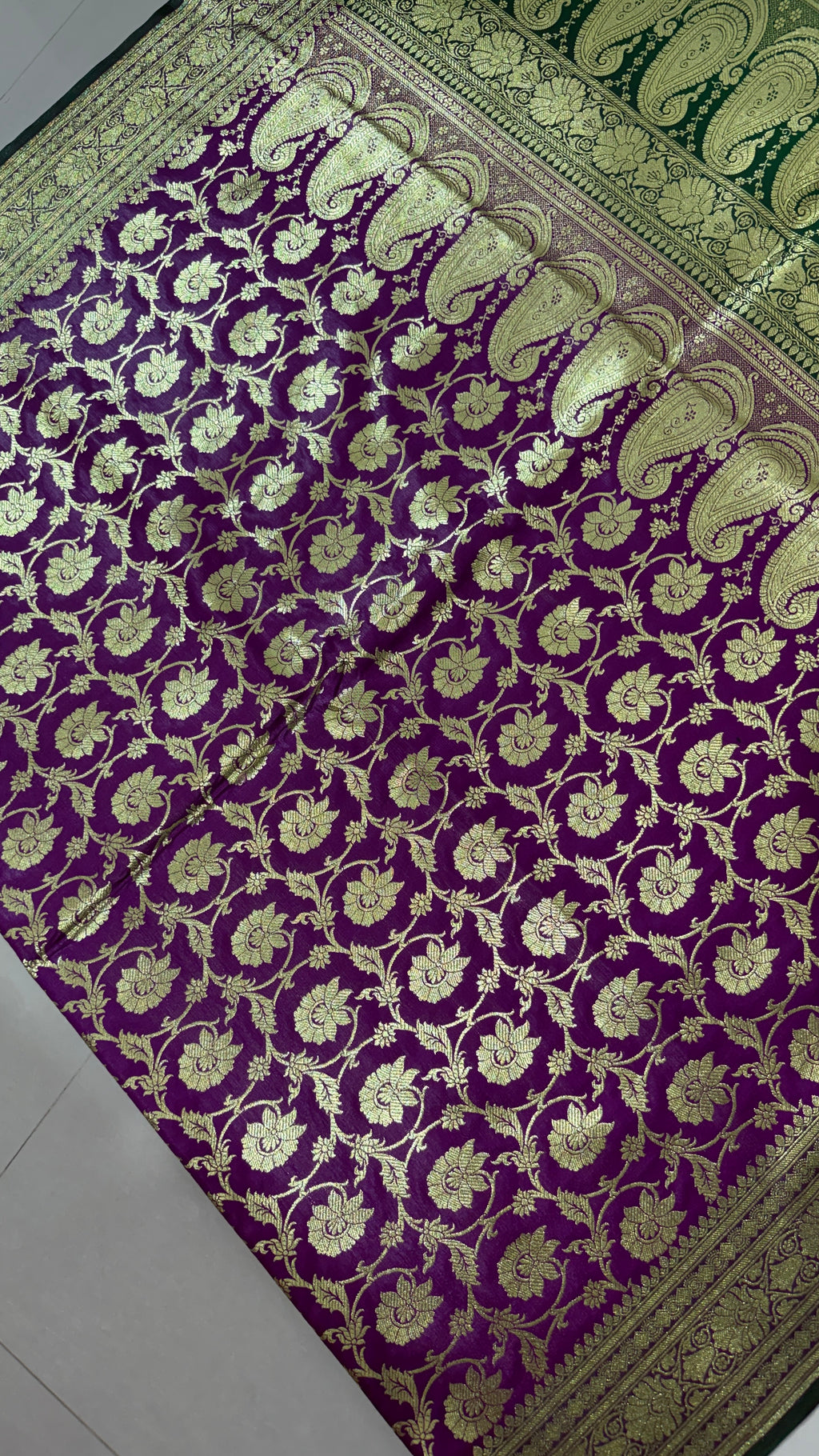 Purple Green Banarasi Silk Saree, Gold Zari Floral Paisley Wedding Saree
