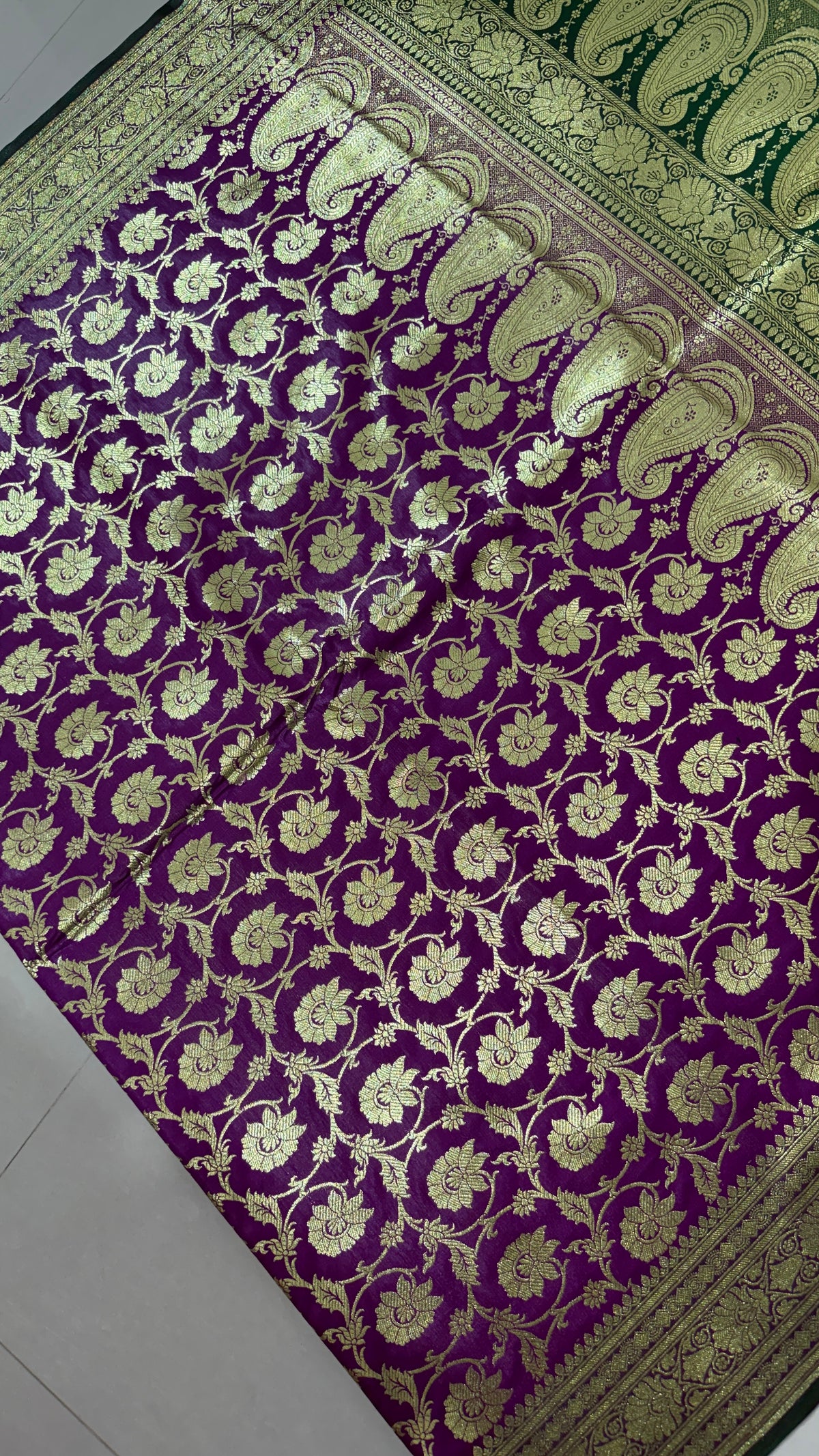Purple Green Banarasi Silk Saree, Gold Zari Floral Paisley Wedding Saree