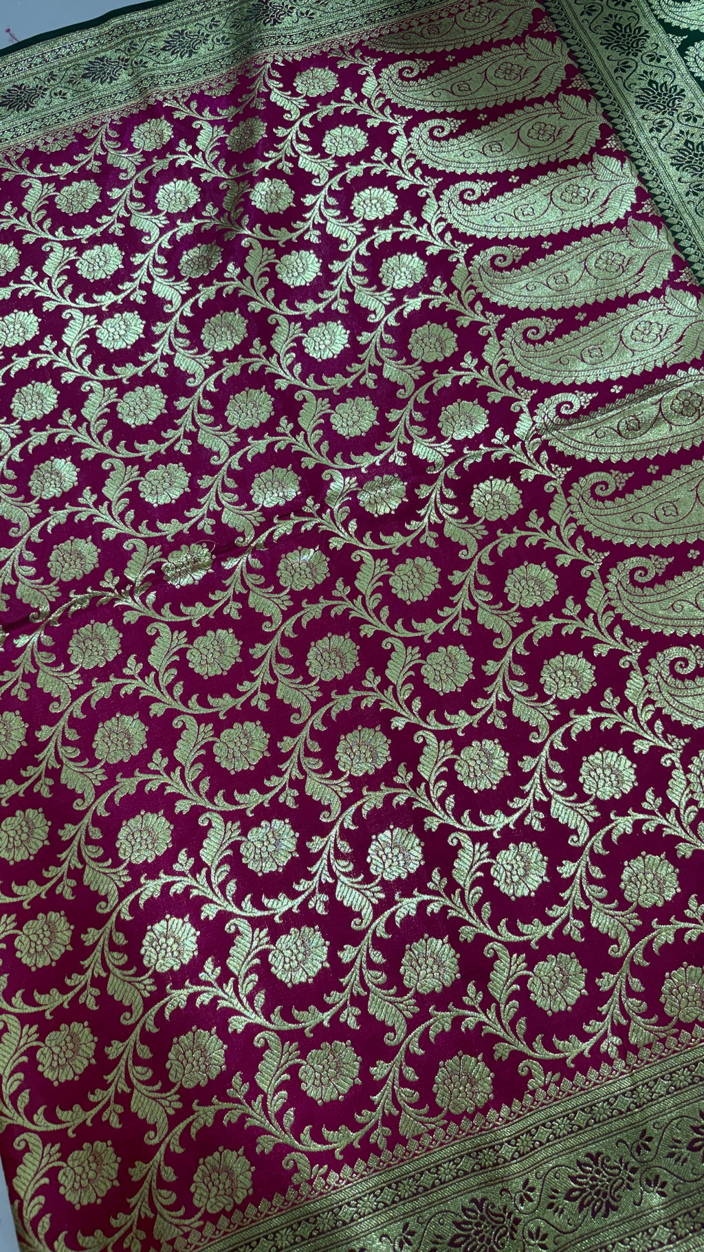 Magenta Green Banarasi Silk Saree, Gold Zari Floral Paisley Wedding Saree