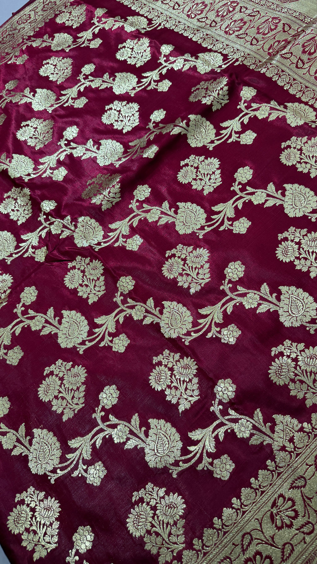 Maroon Banarasi Semi Katan Silk Saree, Golden Zari Floral, Wedding Festive Wear