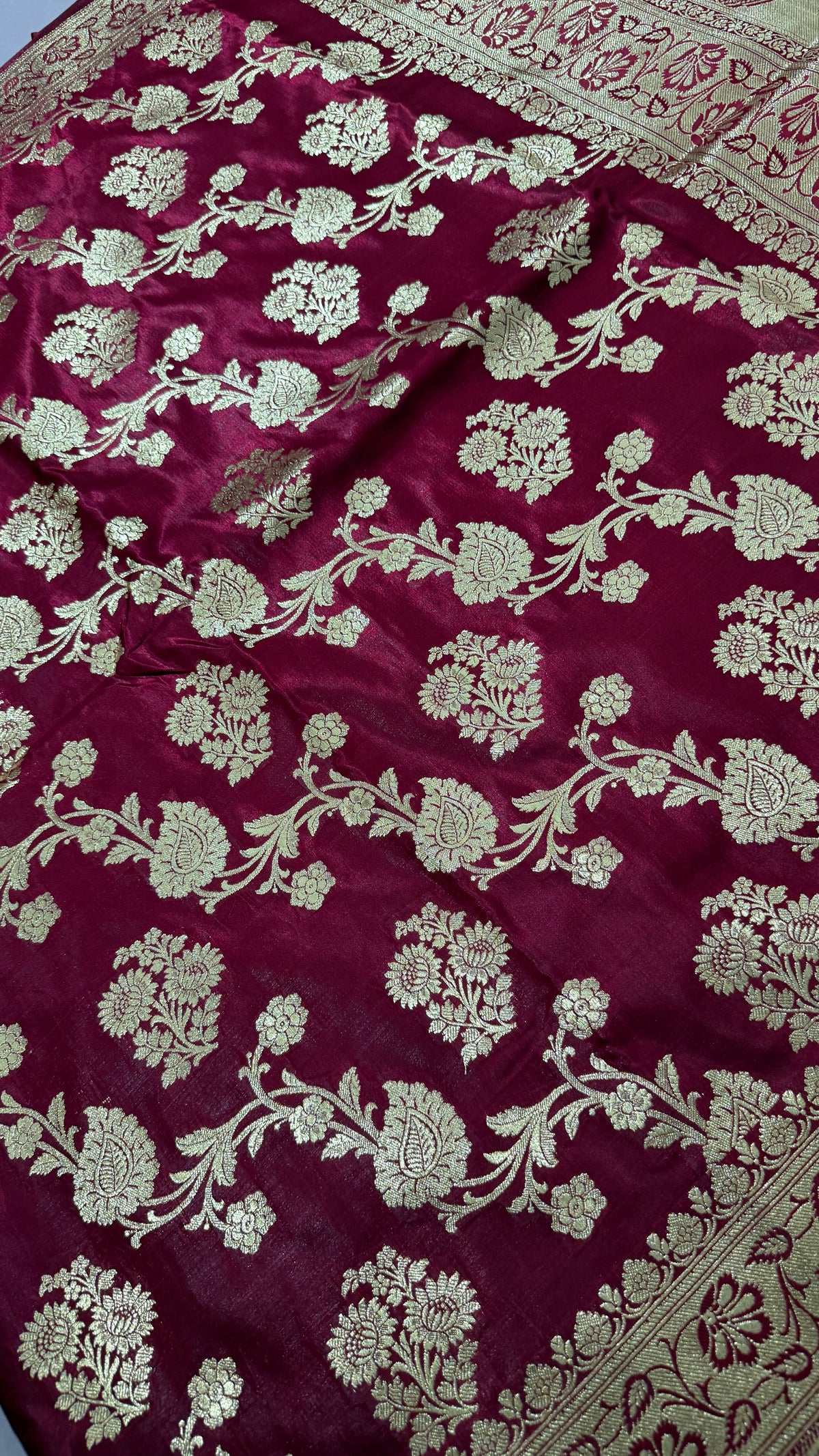 Maroon Banarasi Semi Katan Silk Saree, Golden Zari Floral, Wedding Festive Wear