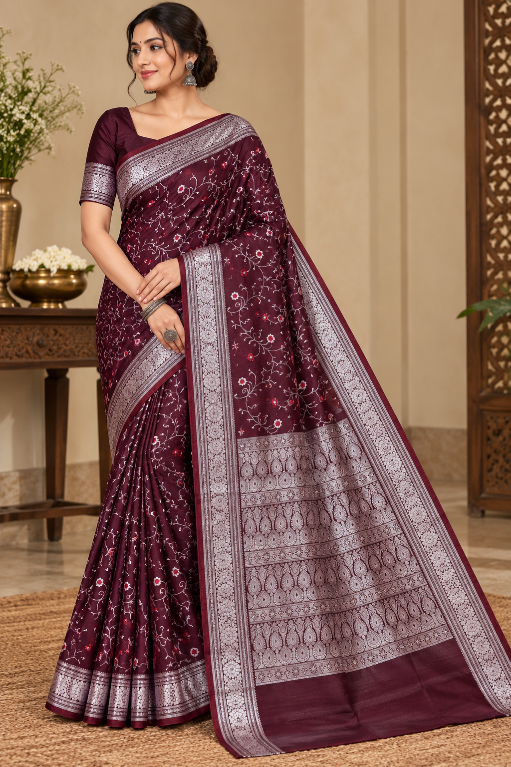 Wine Satin Silk Saree, Floral Vine, Silver Border, Paisley Pallu (Wedding Wear)