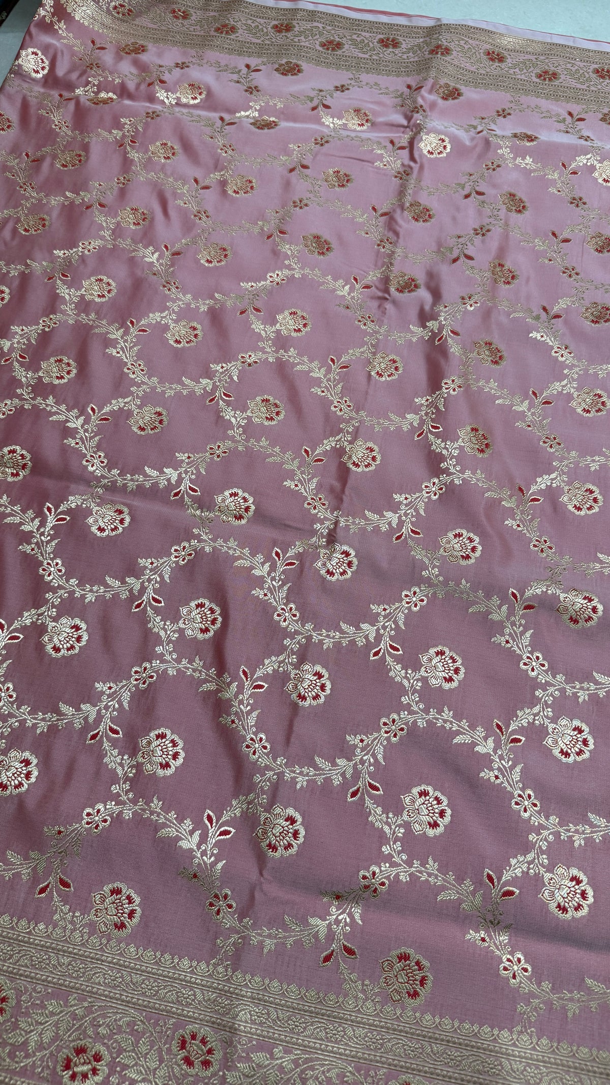 Pure Katan Banarasi Silk Saree, Dusty Pink Silver Zari Handwoven Bridal Wedding Saree