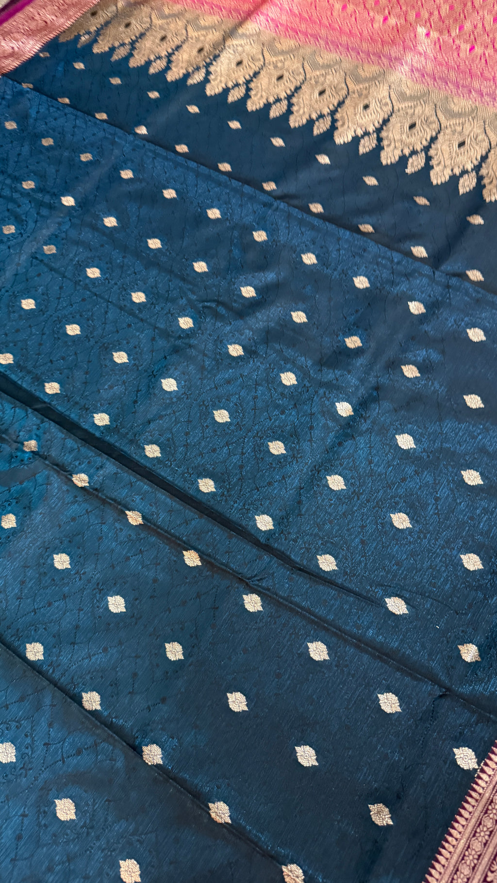 Navy Blue Pink Banarasi Silk Saree, Golden Zari Woven, Wedding Festive Wear