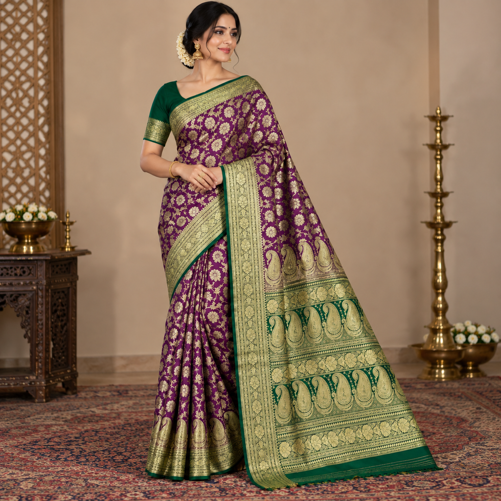 Purple Green Banarasi Silk Saree, Gold Zari Floral Paisley Wedding Saree