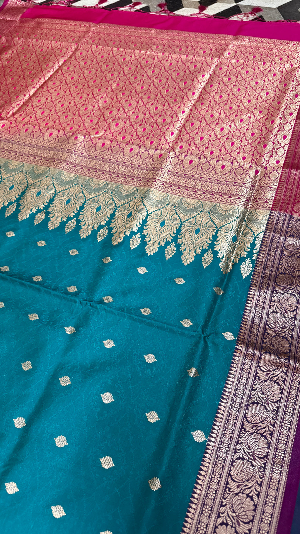 Teal Blue Banarasi Silk Saree, Pink Zari Border, Traditional Indian Wedding Wear