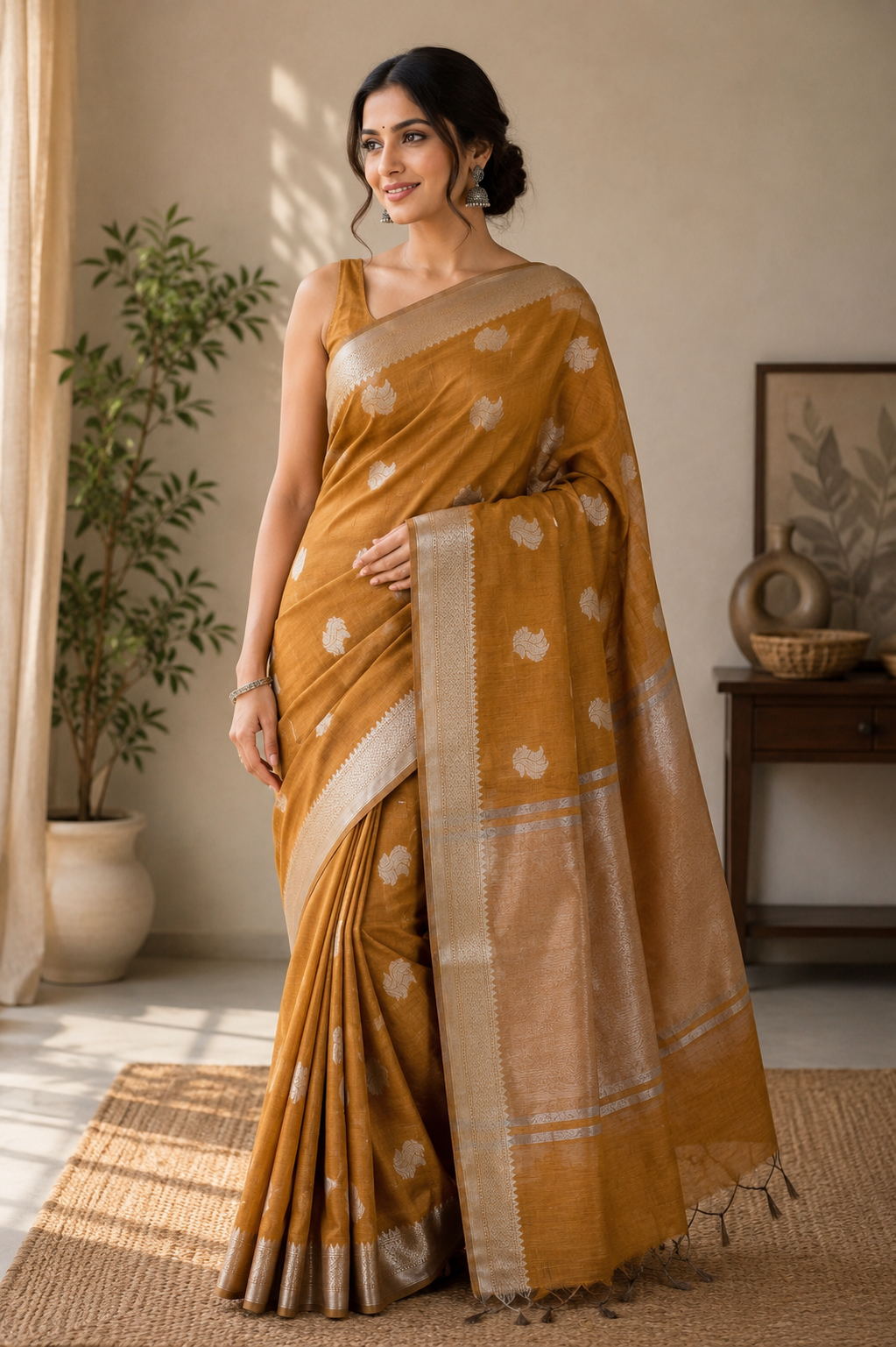 Mustard Yellow Cotton Saree, Zari Woven Border, Traditional Indian Ethnic Wear