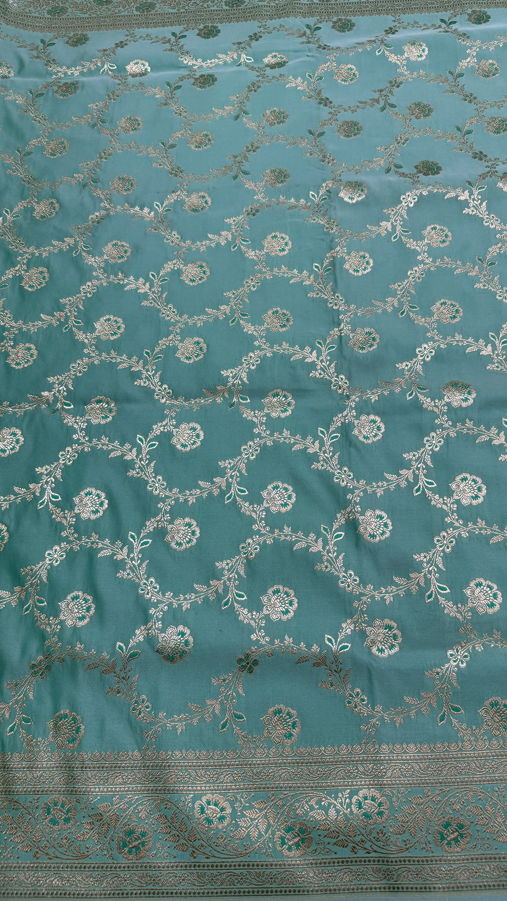 Pure Katan Silk Banarasi Saree, Aqua Blue Handwoven Silver Zari Wedding Saree