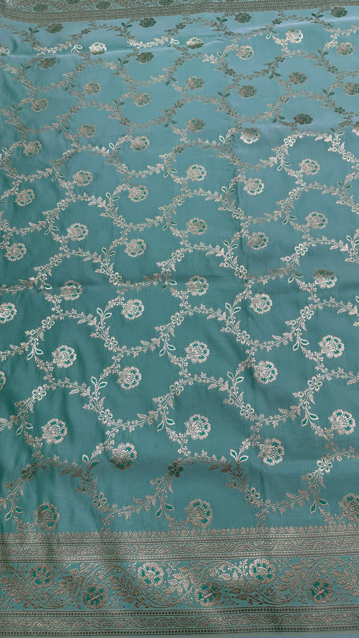 Pure Katan Silk Banarasi Saree, Aqua Blue Handwoven Silver Zari Wedding Saree