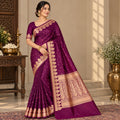 Wine Purple Banarasi Mashru Silk Saree, Gold Zari Woven, Indian Wedding Saree