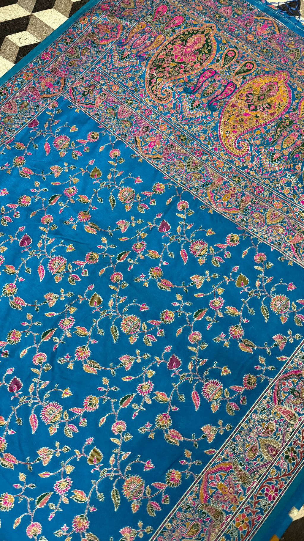 Royal Blue Pashmina Silk Saree, Kashmiri Floral Paisley Woven Indian Wedding Wear
