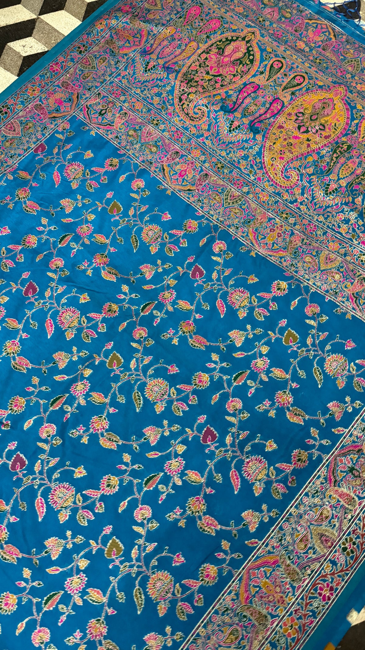 Royal Blue Pashmina Silk Saree, Kashmiri Floral Paisley Woven Indian Wedding Wear