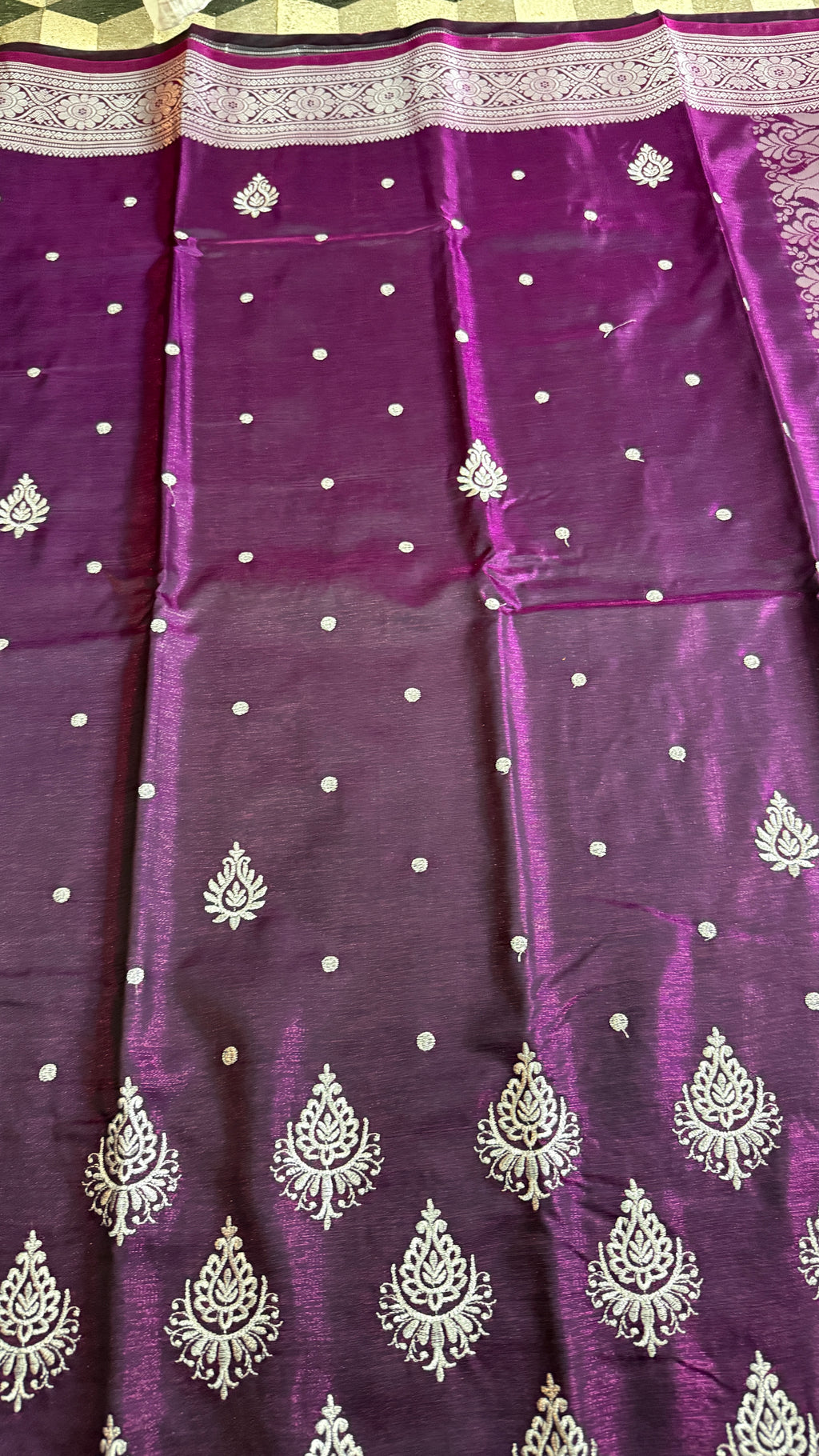 Deep Purple Satin Silk Saree, Silver Zari Border, Festive Indian Wedding Wear