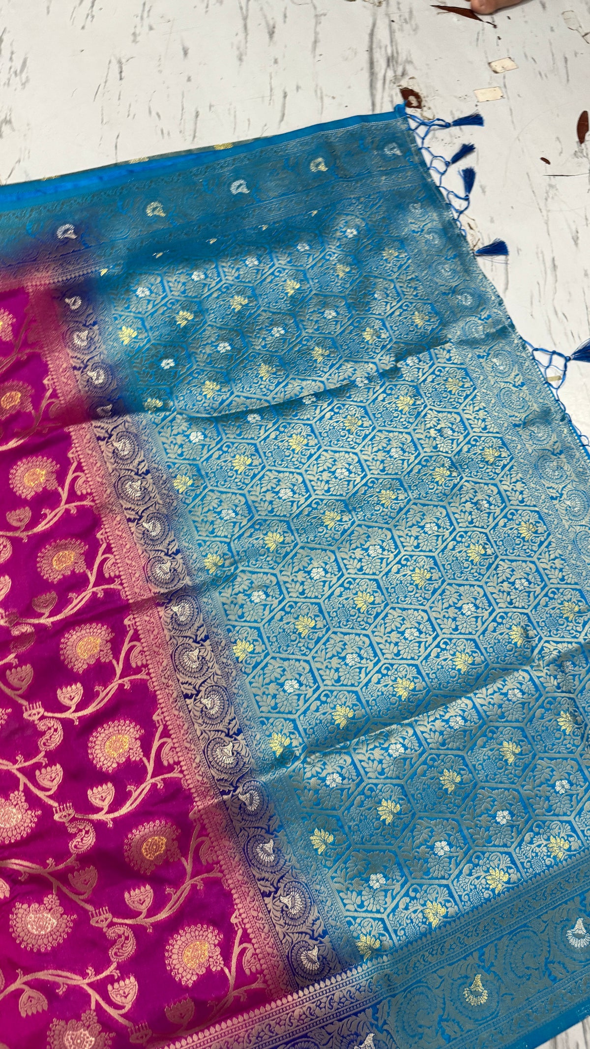 Fuchsia Pink Dola Silk Saree, Banarasi Zari Woven Border, Floral Motifs, Festive Wear