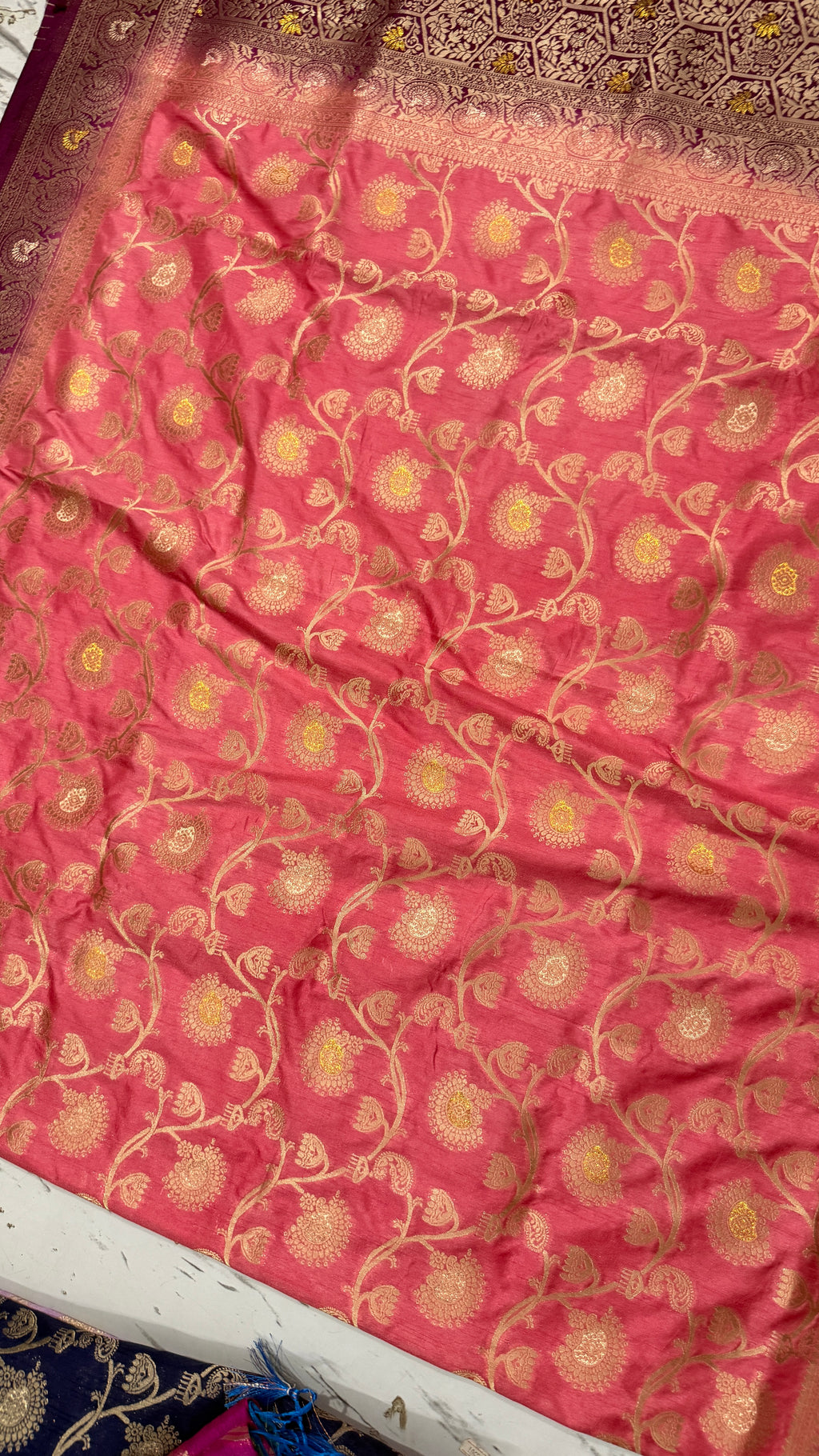 Pink Dola Silk Saree, Banarasi Zari Woven Floral Motifs, Maroon Border, Festive Wear