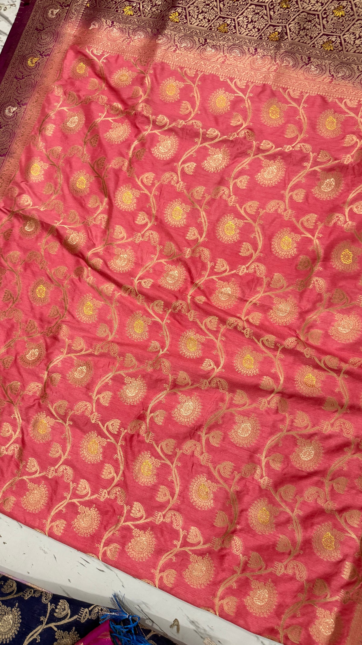 Pink Dola Silk Saree, Banarasi Zari Woven Floral Motifs, Maroon Border, Festive Wear