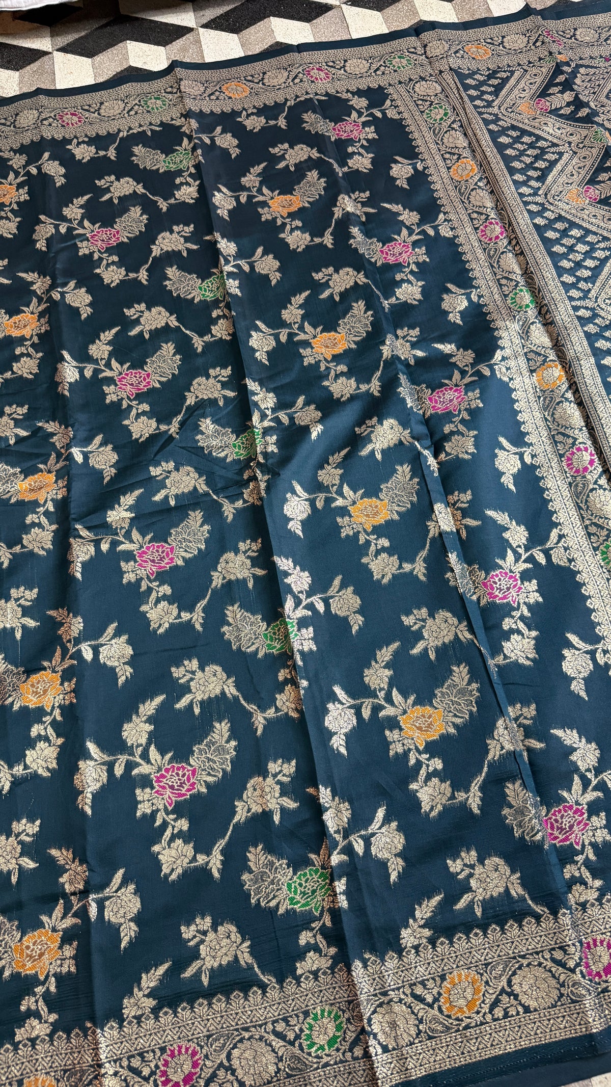 Teal Blue Floral Georgette Silk Saree | Indian Wedding Saree | Traditional Festive Wear for Women