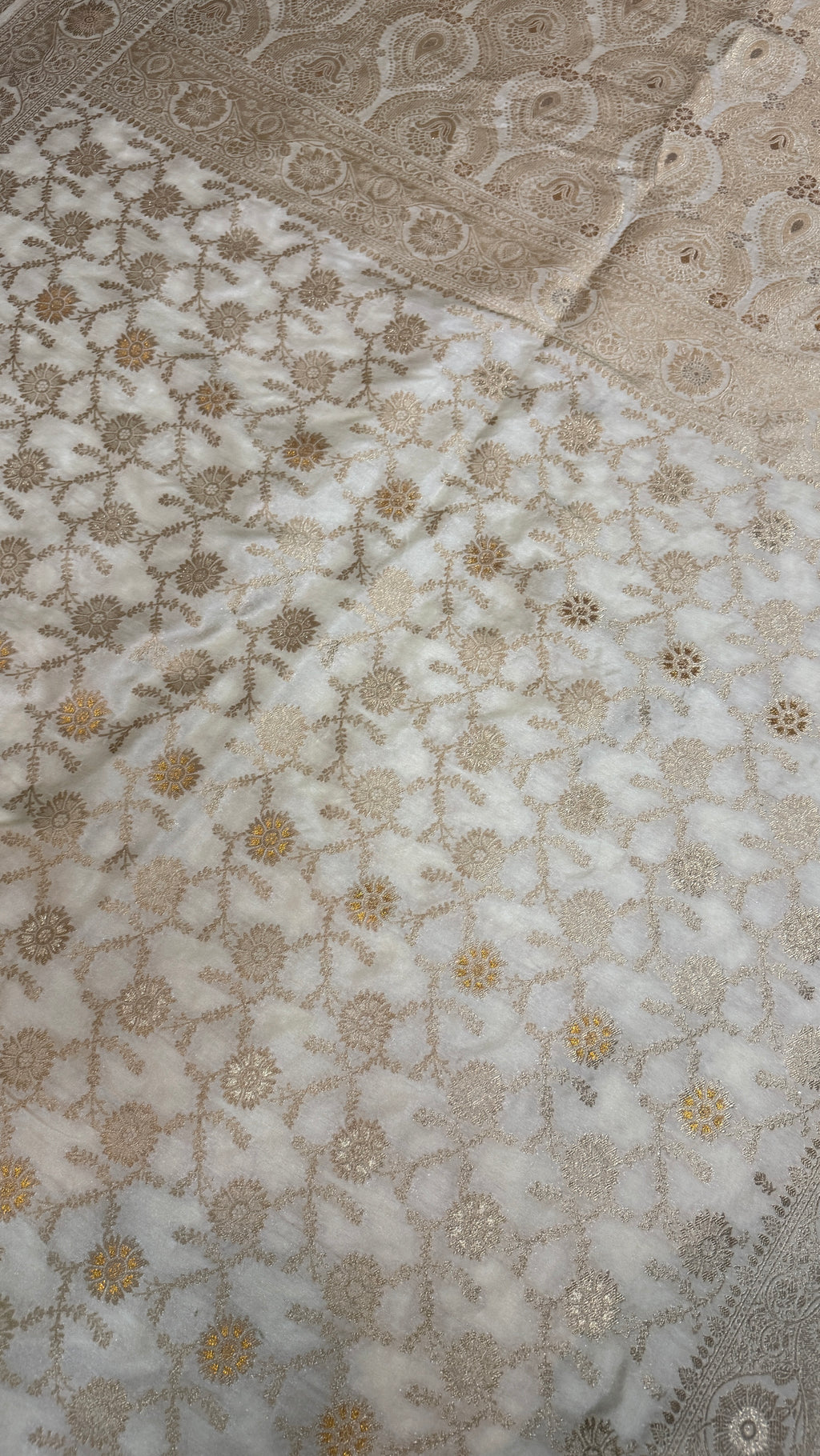 Ivory Dola Silk Cream Saree | Gold Zari Border, Floral Motifs, Banarasi Weave, Wedding Wear