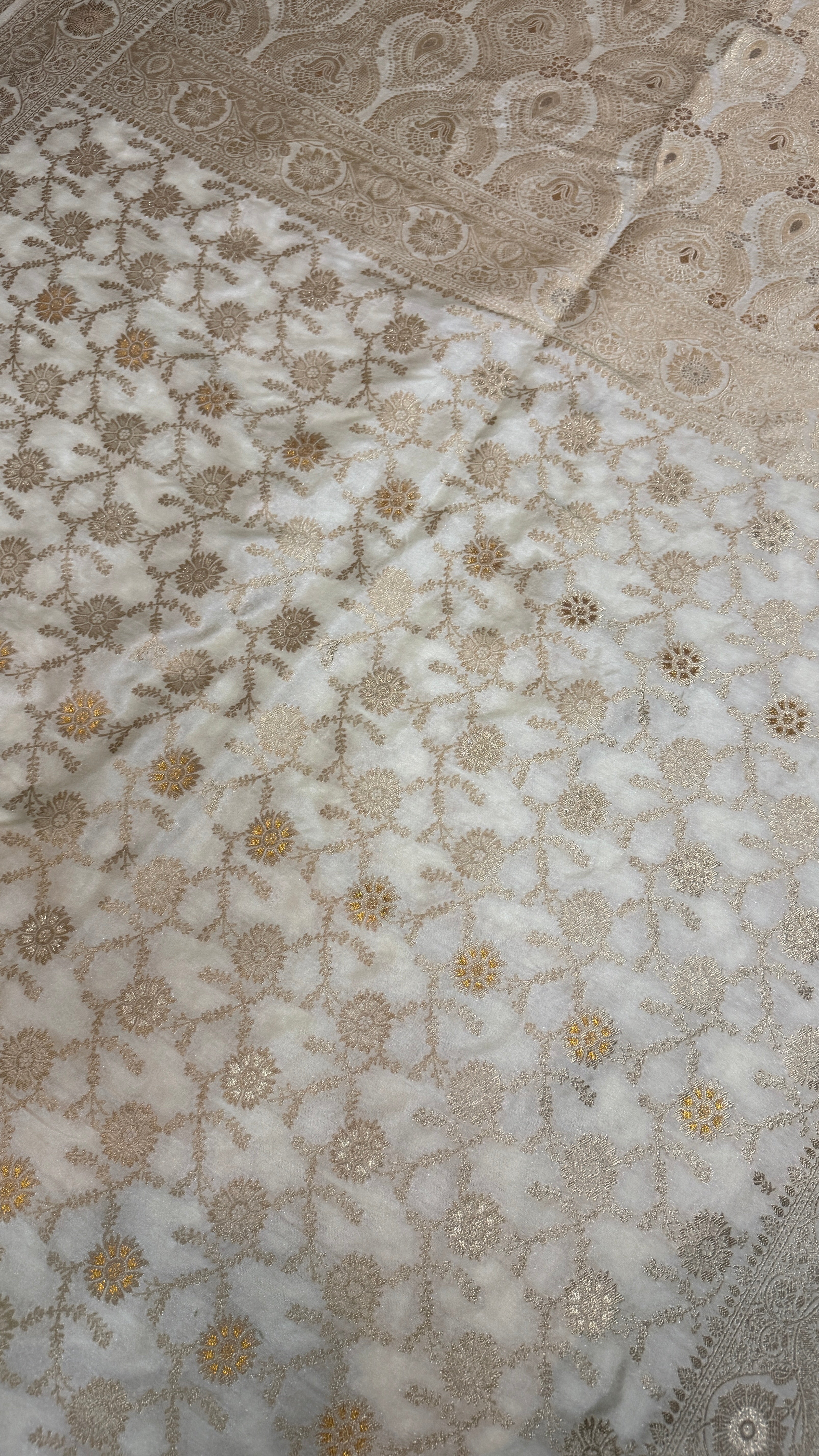 Ivory Dola Silk Cream Saree | Gold Zari Border, Floral Motifs, Banarasi Weave, Wedding Wear