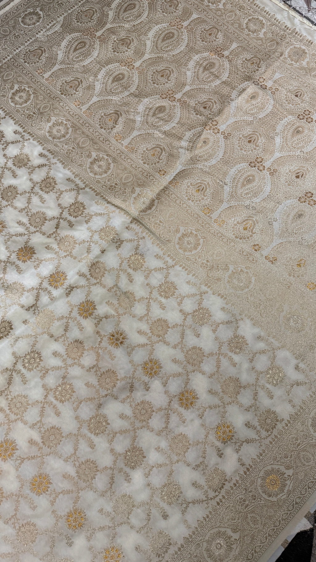 Ivory Dola Silk Cream Saree | Gold Zari Border, Floral Motifs, Banarasi Weave, Wedding Wear