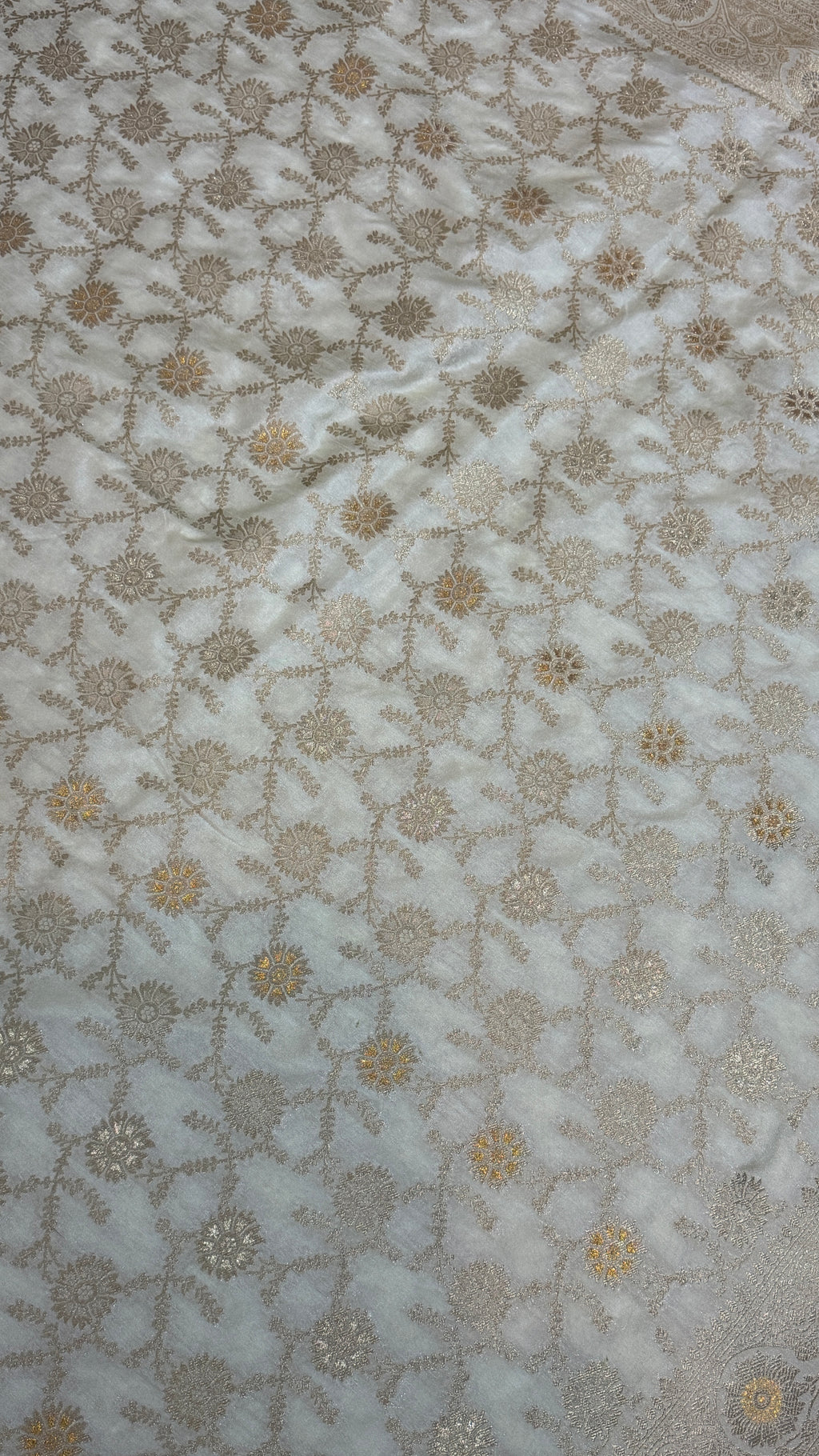 Ivory Dola Silk Cream Saree | Gold Zari Border, Floral Motifs, Banarasi Weave, Wedding Wear