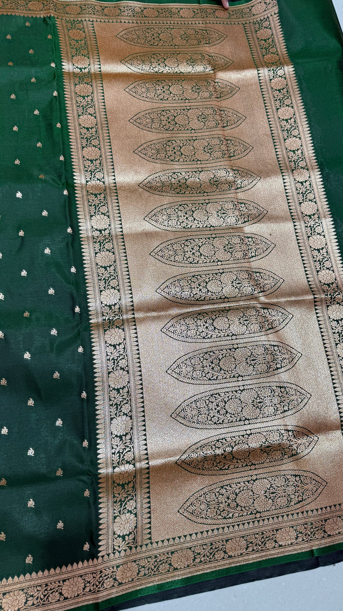 Green Banarasi Mashru Silk Saree, Gold Zari Woven, Traditional Indian Wedding Saree