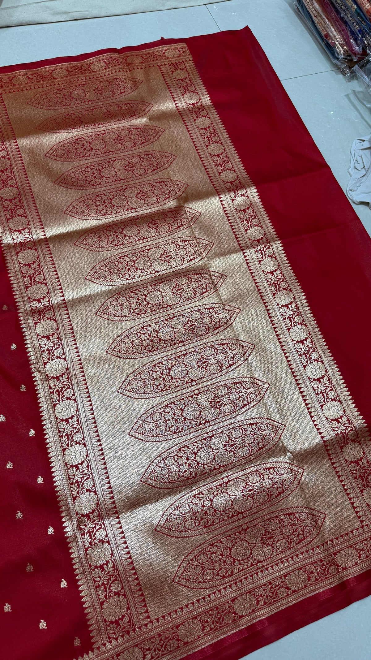 Red Banarasi Mashru Silk Saree, Gold Zari Woven, Traditional Indian Wedding Saree