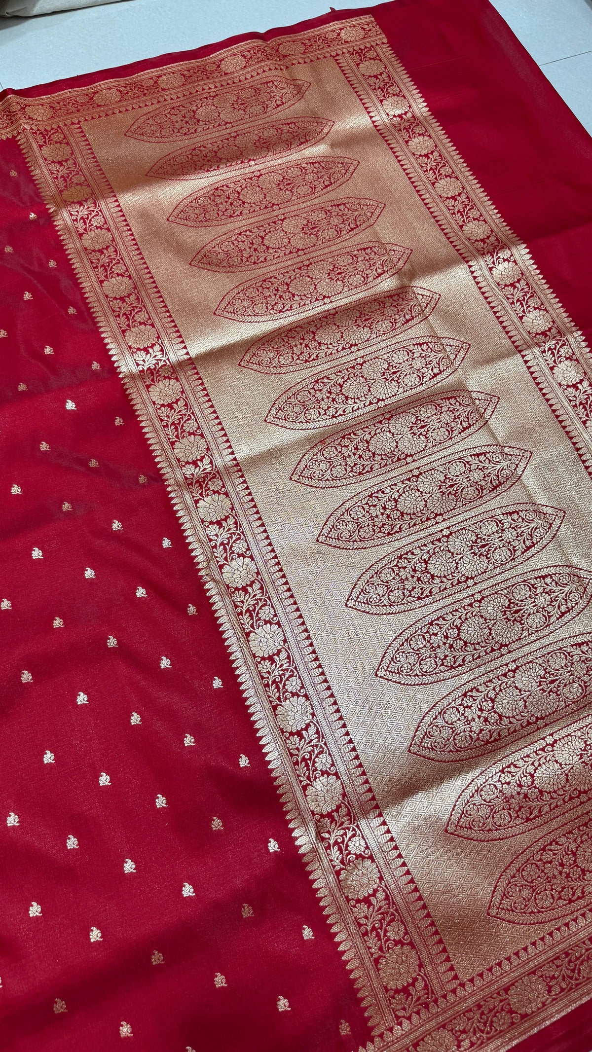 Red Banarasi Mashru Silk Saree, Gold Zari Woven, Traditional Indian Wedding Saree