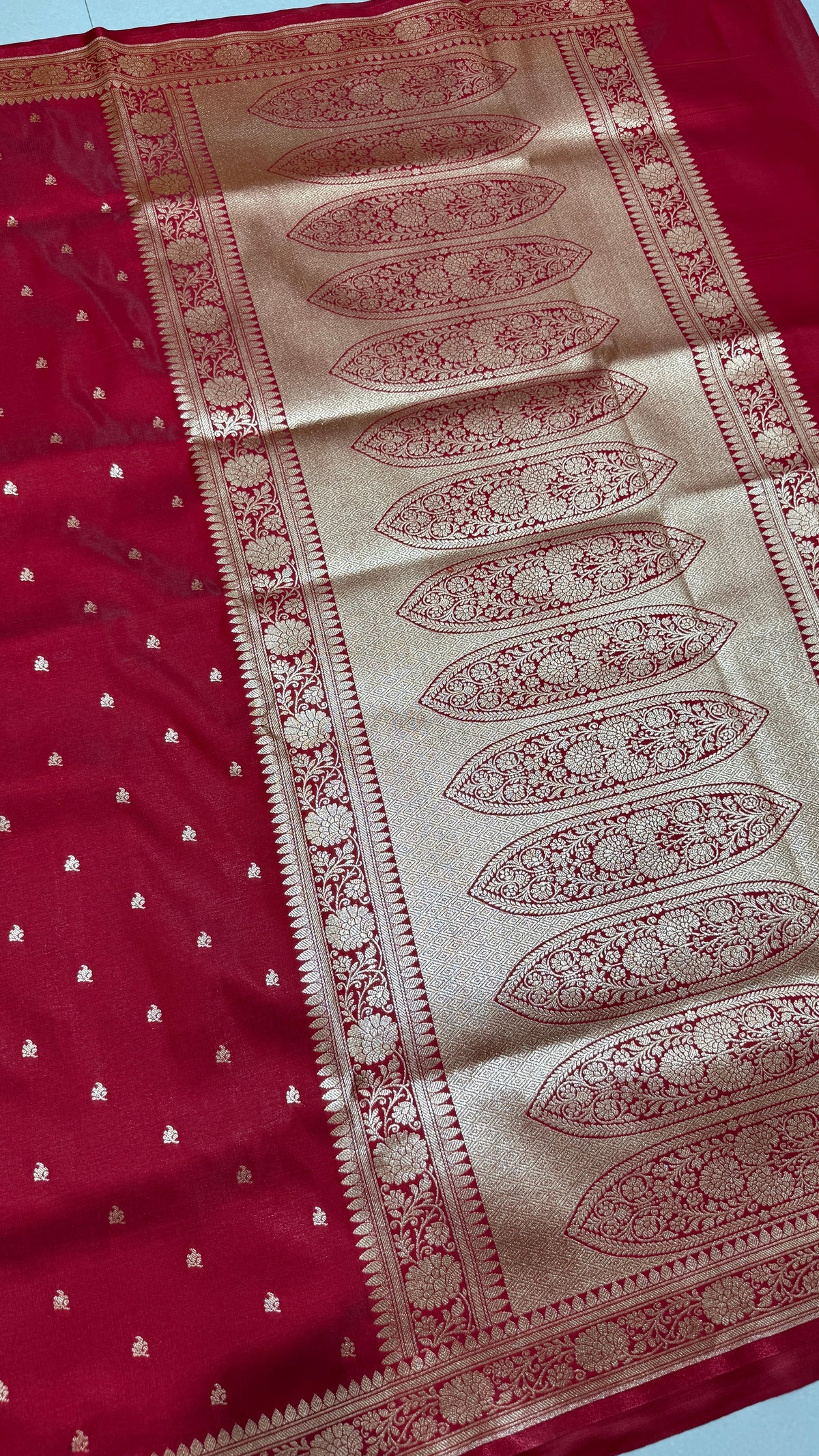 Red Banarasi Mashru Silk Saree, Gold Zari Woven, Traditional Indian Wedding Saree