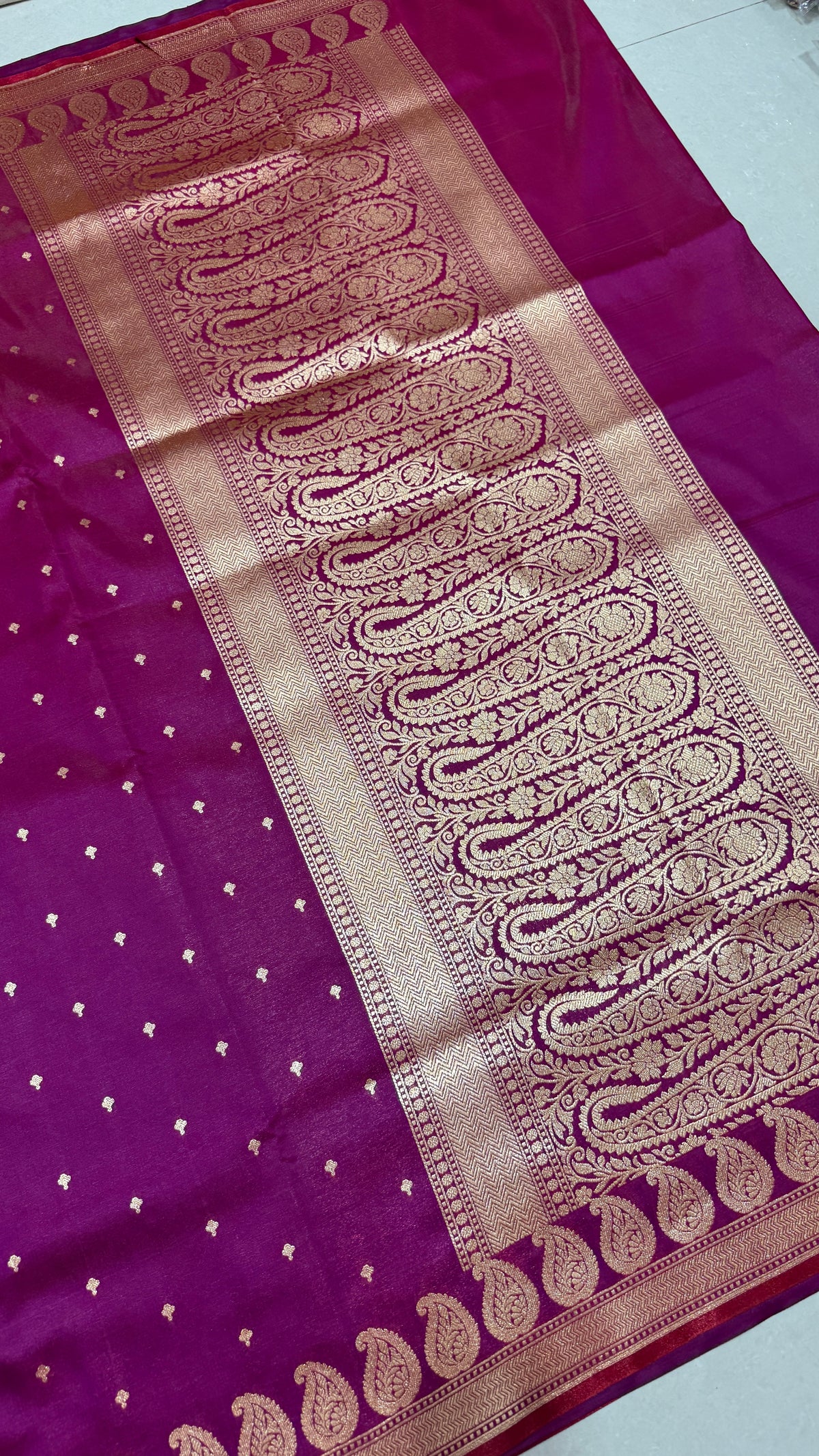 Wine Purple Banarasi Mashru Silk Saree, Gold Zari Woven, Indian Wedding Saree