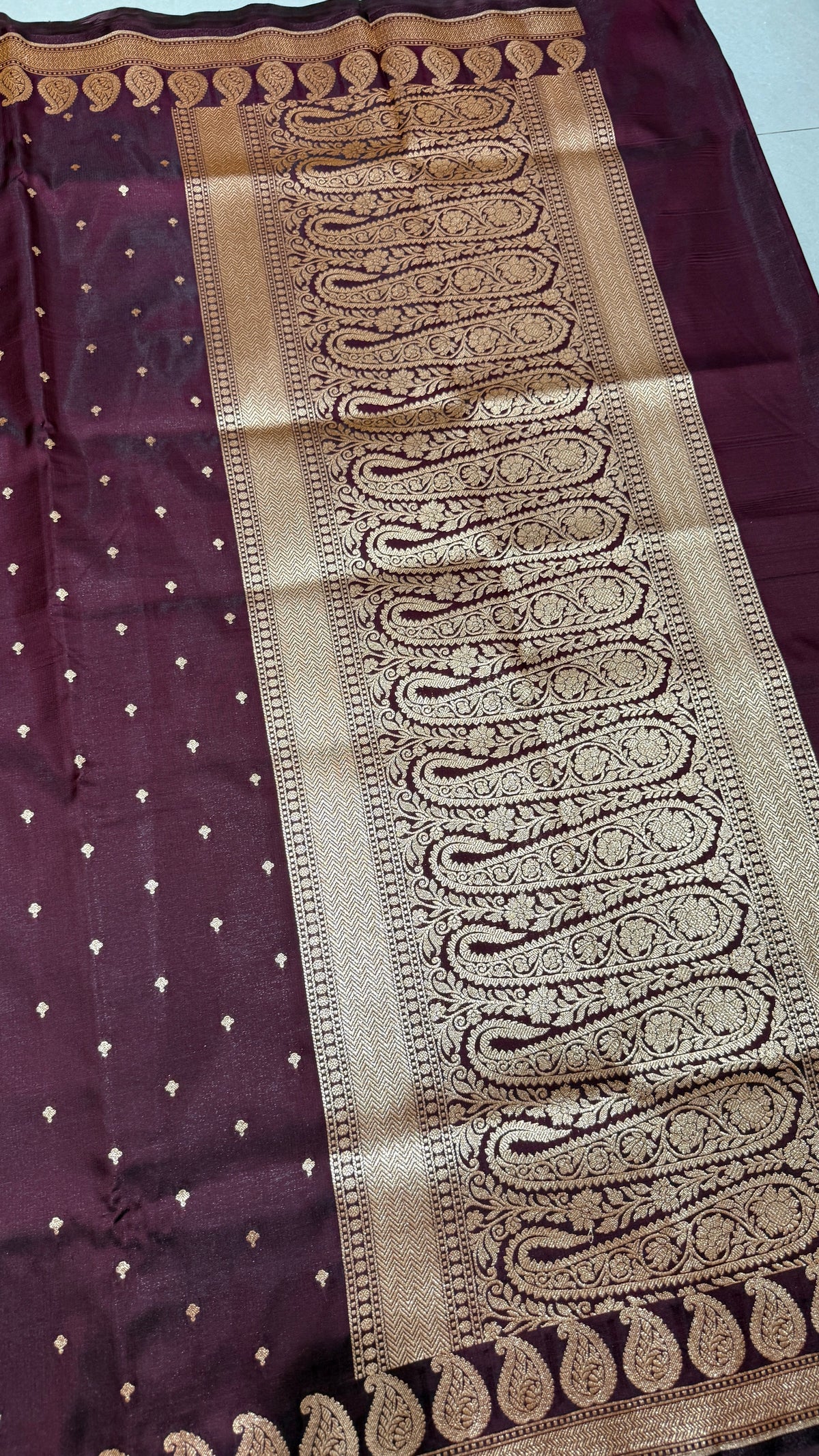 Burgundy Banarasi Mashru Silk Saree, Gold Zari Woven, Traditional Indian Wedding Saree