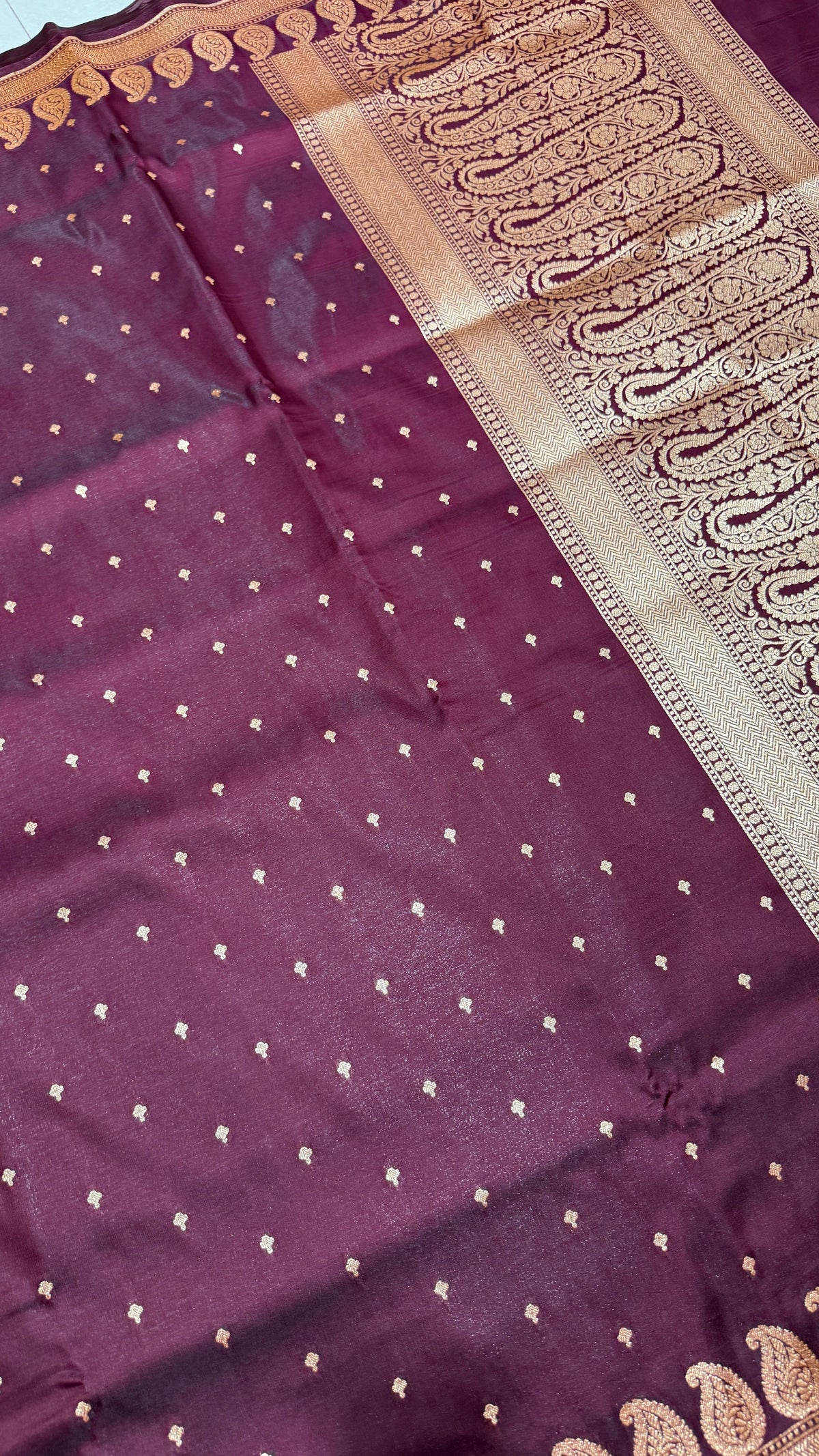 Burgundy Banarasi Mashru Silk Saree, Gold Zari Woven, Traditional Indian Wedding Saree