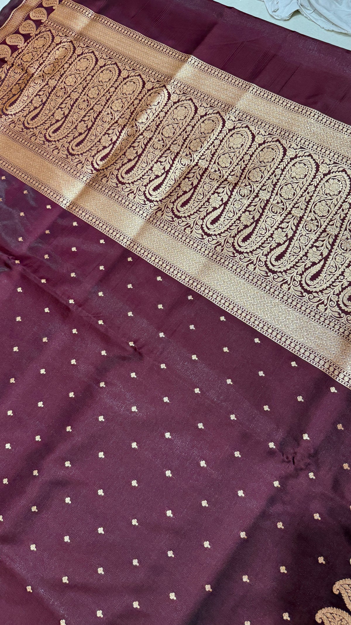 Burgundy Banarasi Mashru Silk Saree, Gold Zari Woven, Traditional Indian Wedding Saree