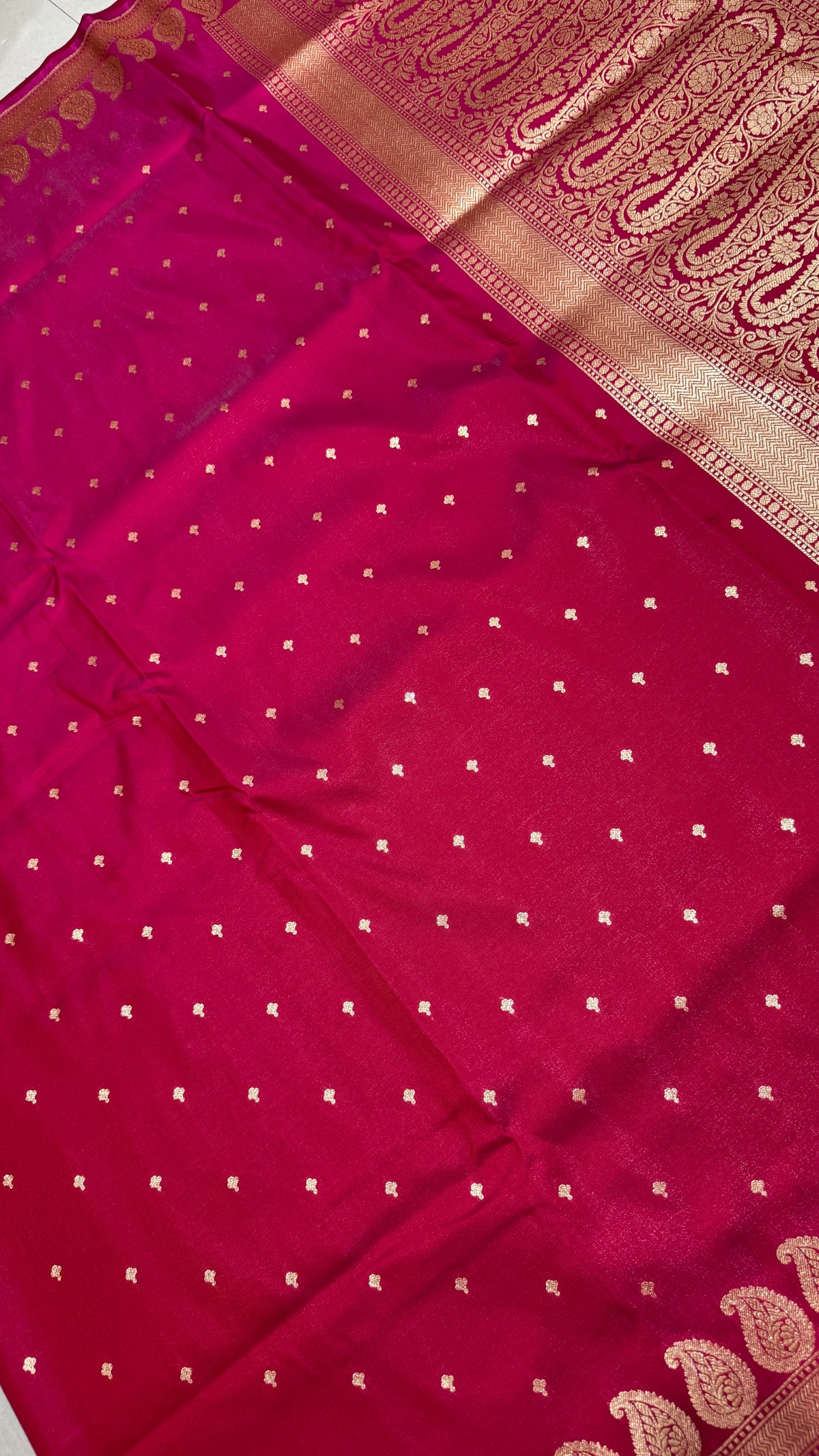 Rani Pink Banarasi Mashru Silk Saree, Gold Zari Woven, Traditional Indian Wedding Saree