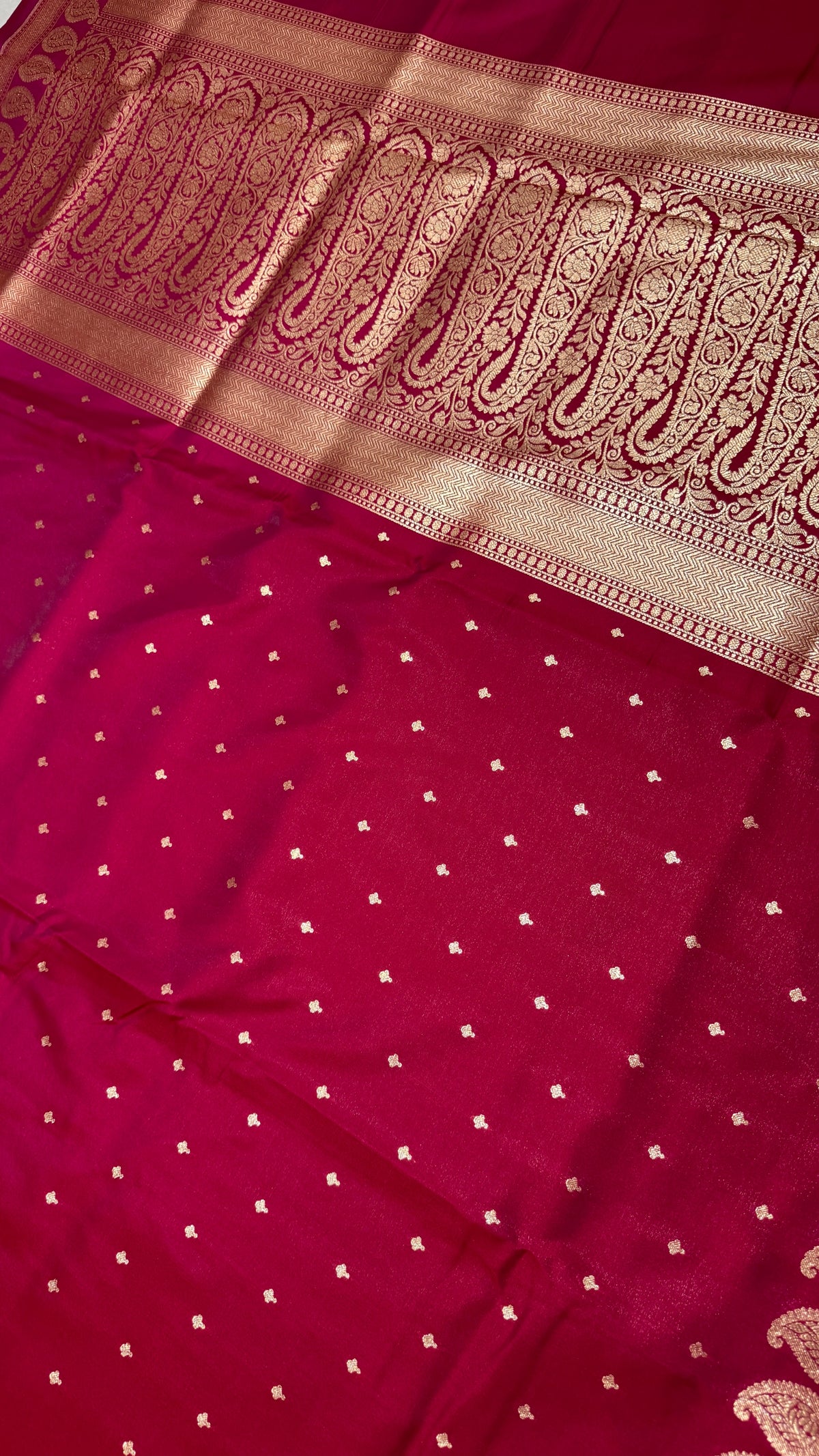 Rani Pink Banarasi Mashru Silk Saree, Gold Zari Woven, Traditional Indian Wedding Saree