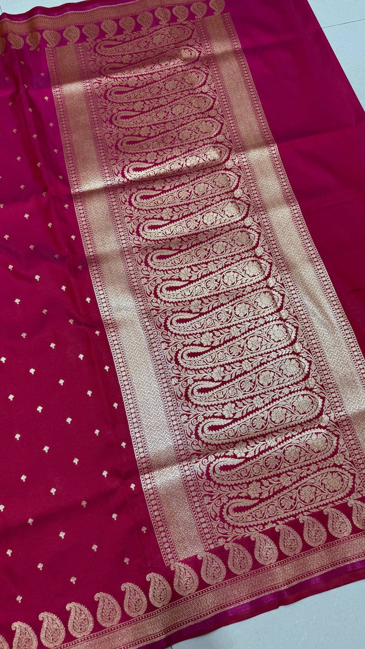 Rani Pink Banarasi Mashru Silk Saree, Gold Zari Woven, Traditional Indian Wedding Saree