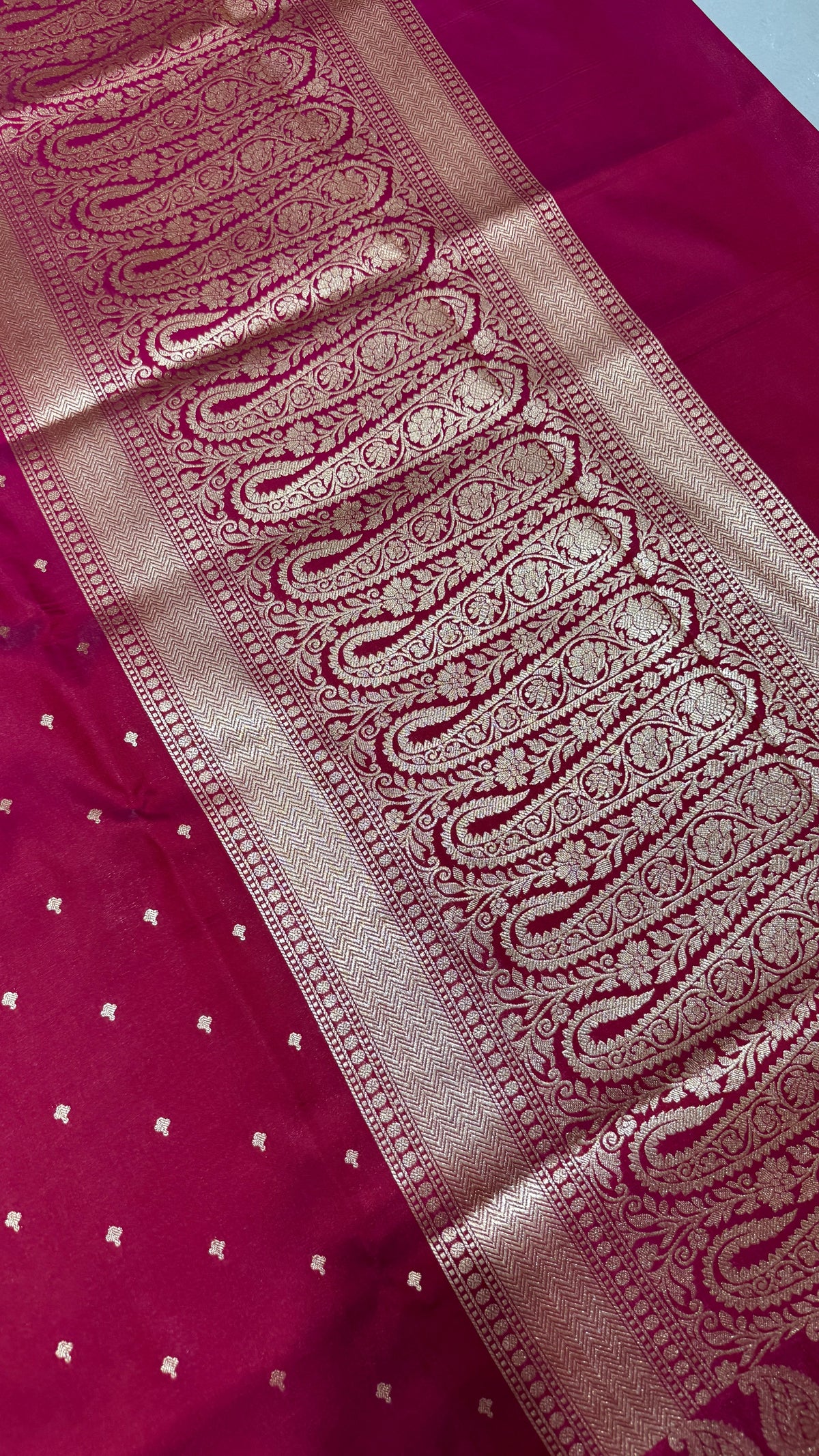 Rani Pink Banarasi Mashru Silk Saree, Gold Zari Woven, Traditional Indian Wedding Saree