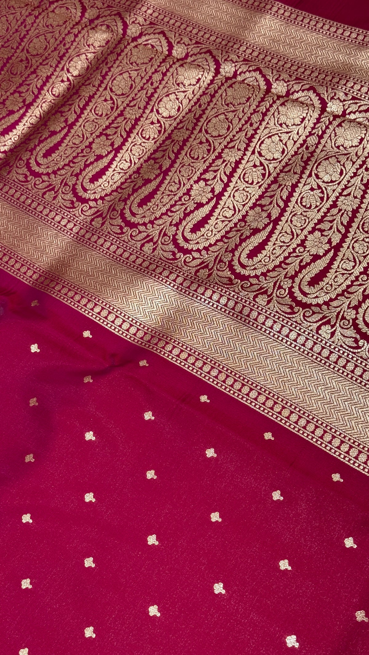 Rani Pink Banarasi Mashru Silk Saree, Gold Zari Woven, Traditional Indian Wedding Saree