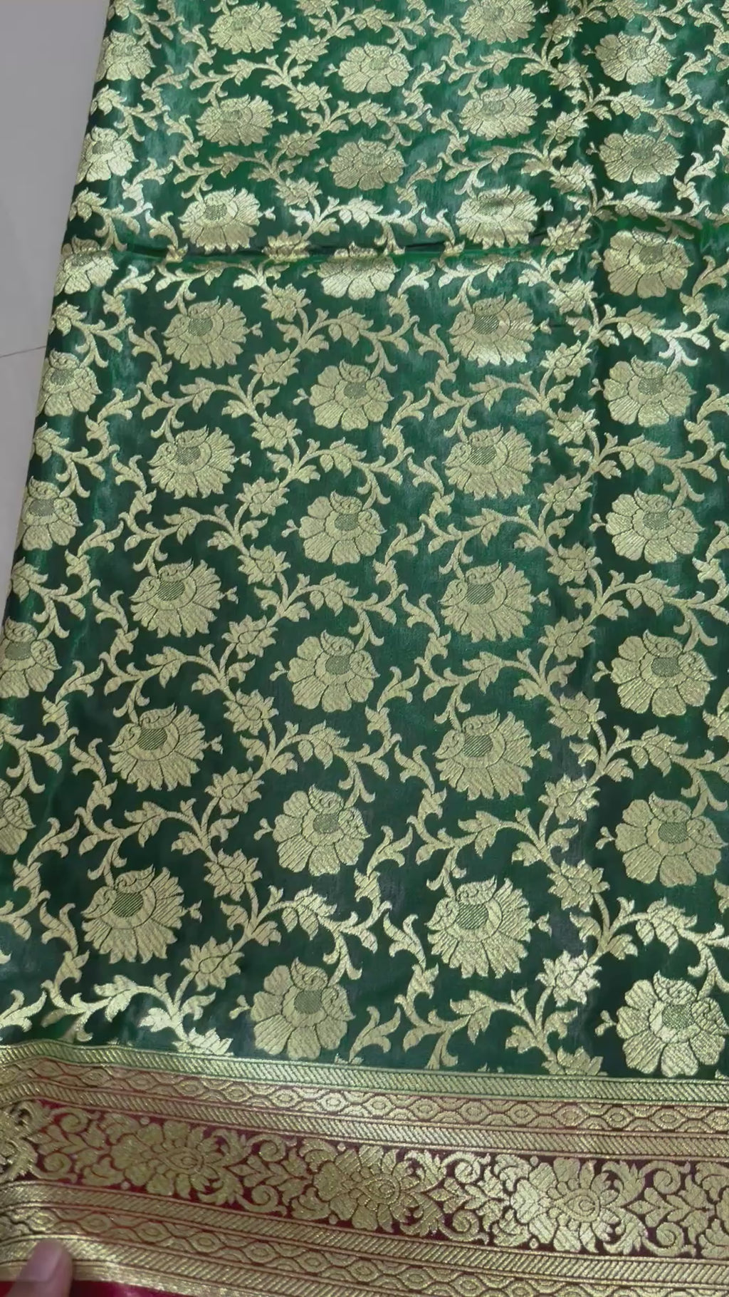 Dark Green Maroon Banarasi Silk Saree, Gold Zari Floral Paisley Wedding Saree