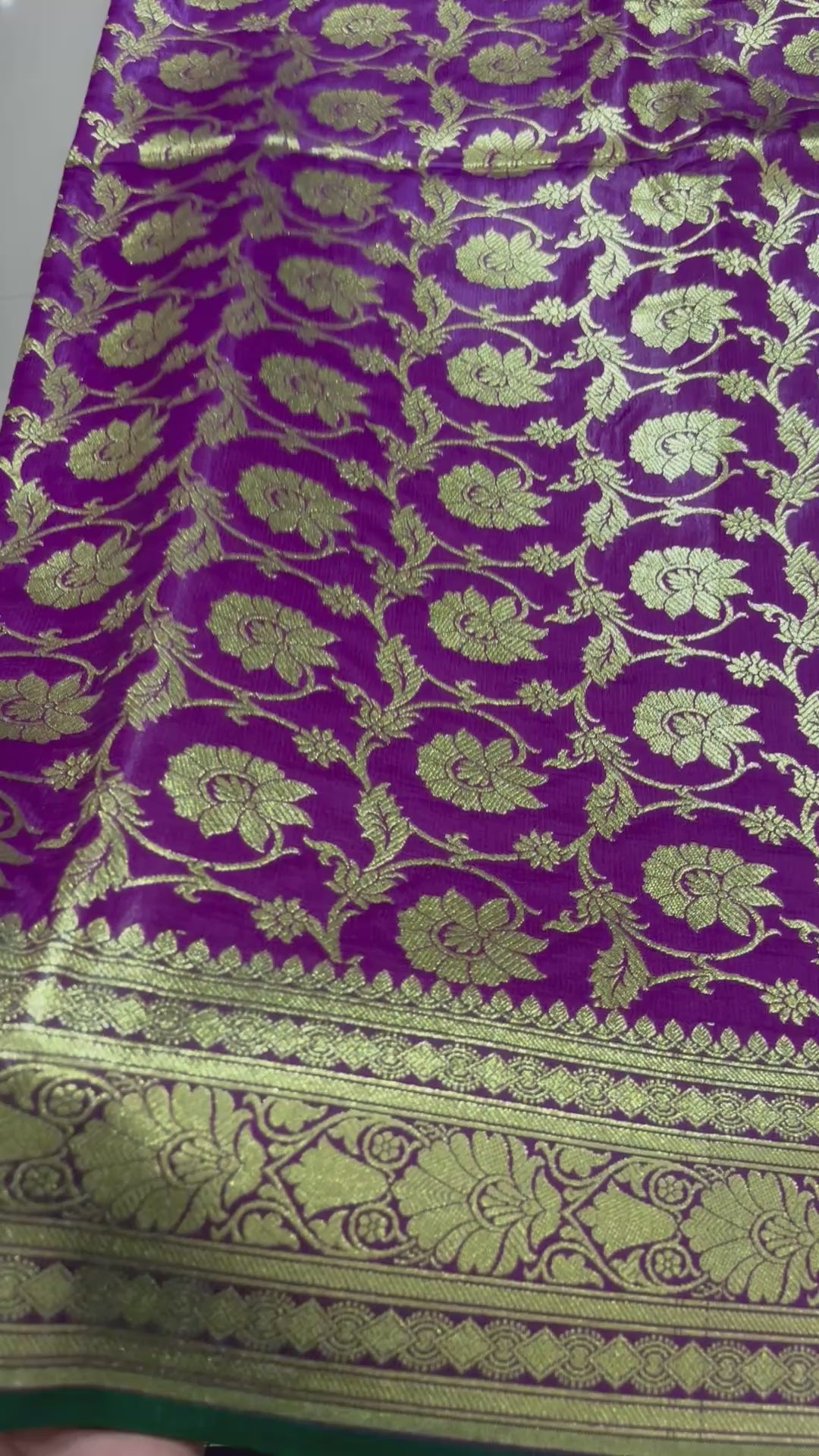 Purple Green Banarasi Silk Saree, Gold Zari Floral Paisley Wedding Saree