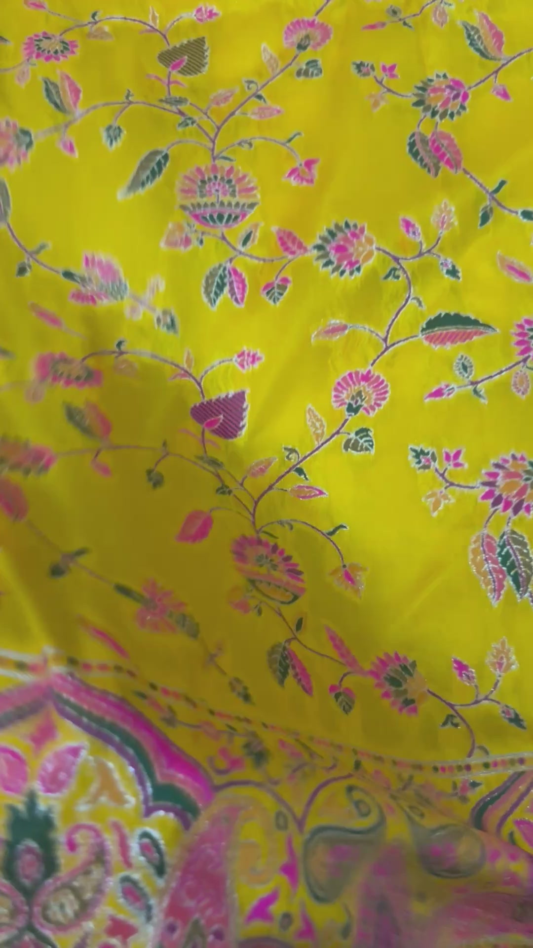 Mustard Yellow Pashmina Silk Saree, Kashmiri Floral Woven Paisley Border, Indian Festive Wear